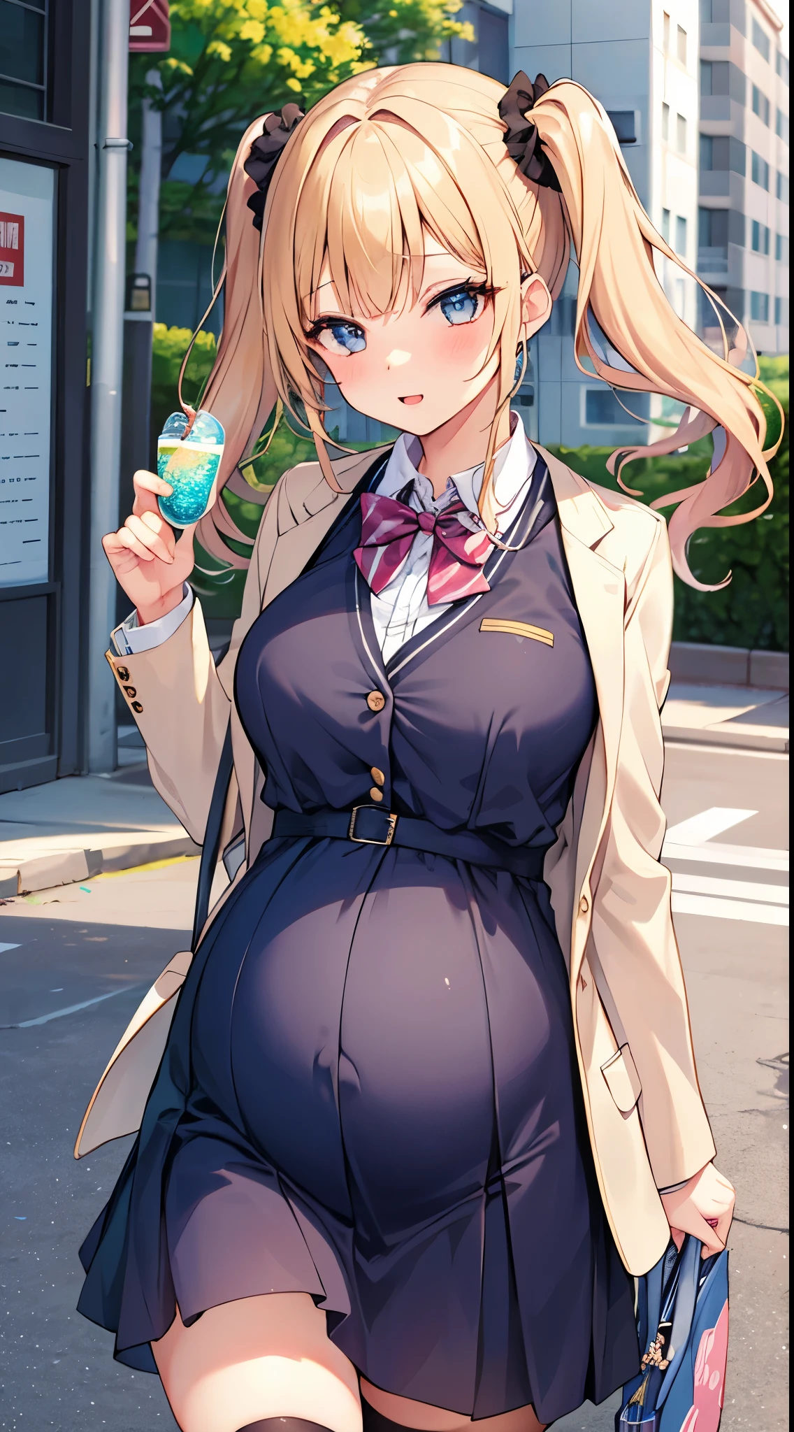 masterpiece, best quality,pregnant high school1girl、
blonde hair,twintails hairstyle、Scrunchie decoration on hair、Confident face、
(matanity maxi dress,ridge knitting)、school-blazer-jacket、Thighhighs of black 、