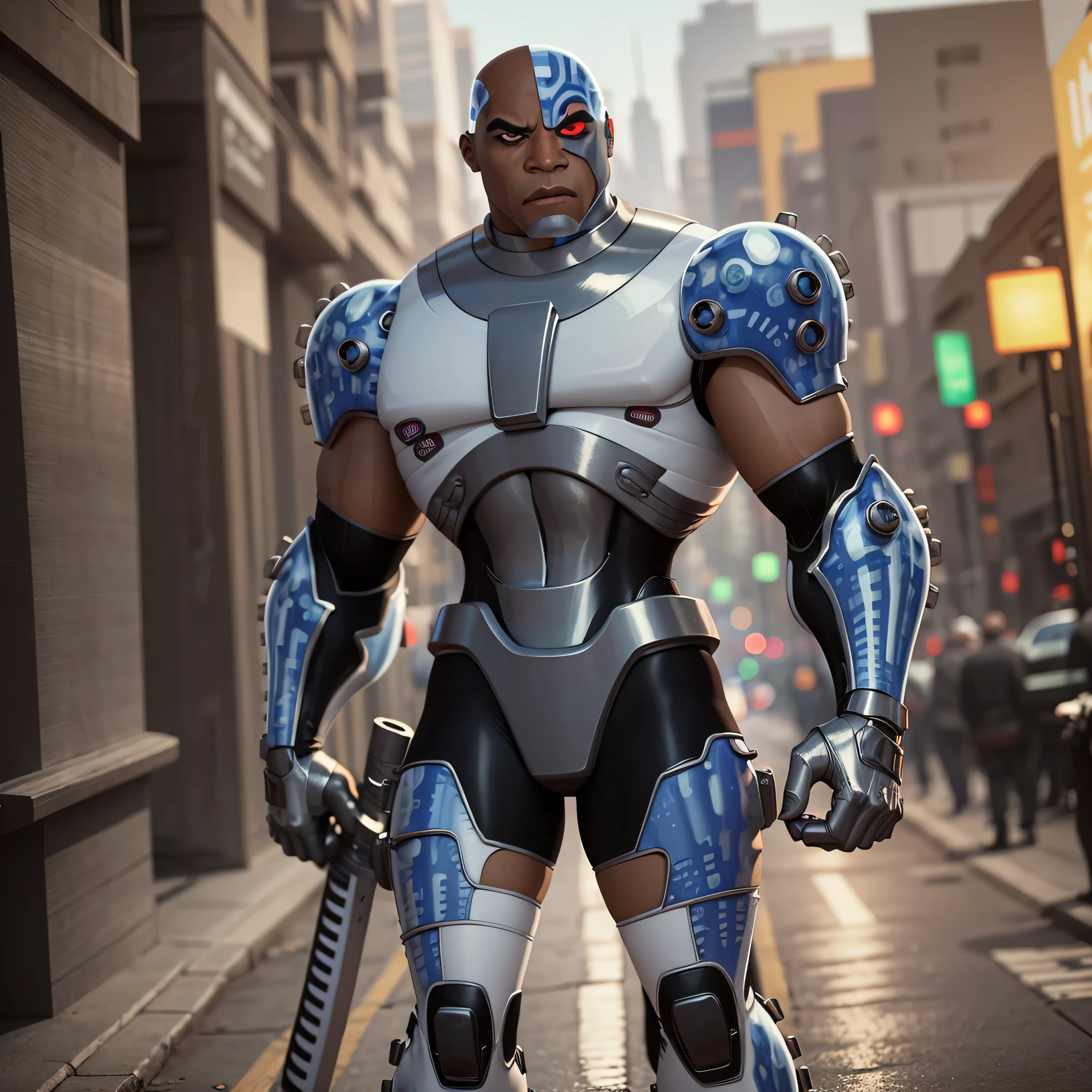 Full body image, DC Comics, Cyborg Victor Stone, black man, (((samurai armor))), photo-realistic, octane render, unreal engine, ultra-realistic