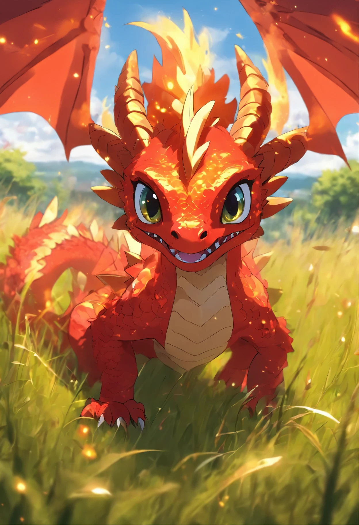 a small cute fire dragon with big eyes, in a grassland
