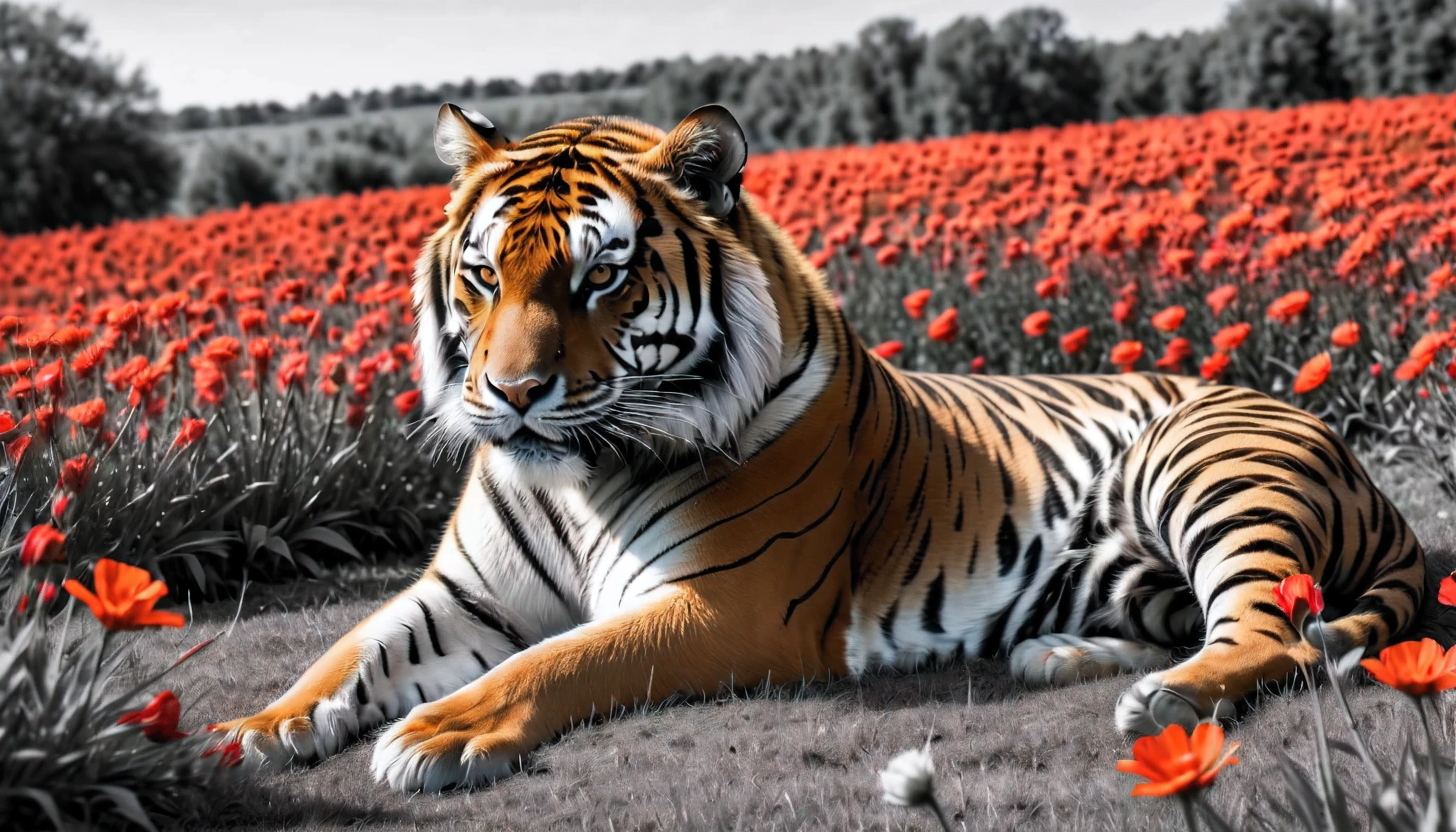 ((Selective color)), Drawing of Majestic Tiger in flower field, smooth lines, fine art piece, Express expressions and postures through ink contrast, emphasize light, shadow and space. figurative art, (best quality, 4K, 8k, high resolution,masterpiece:1.2) ,(actual, photoactual, photo-actual:1.37).