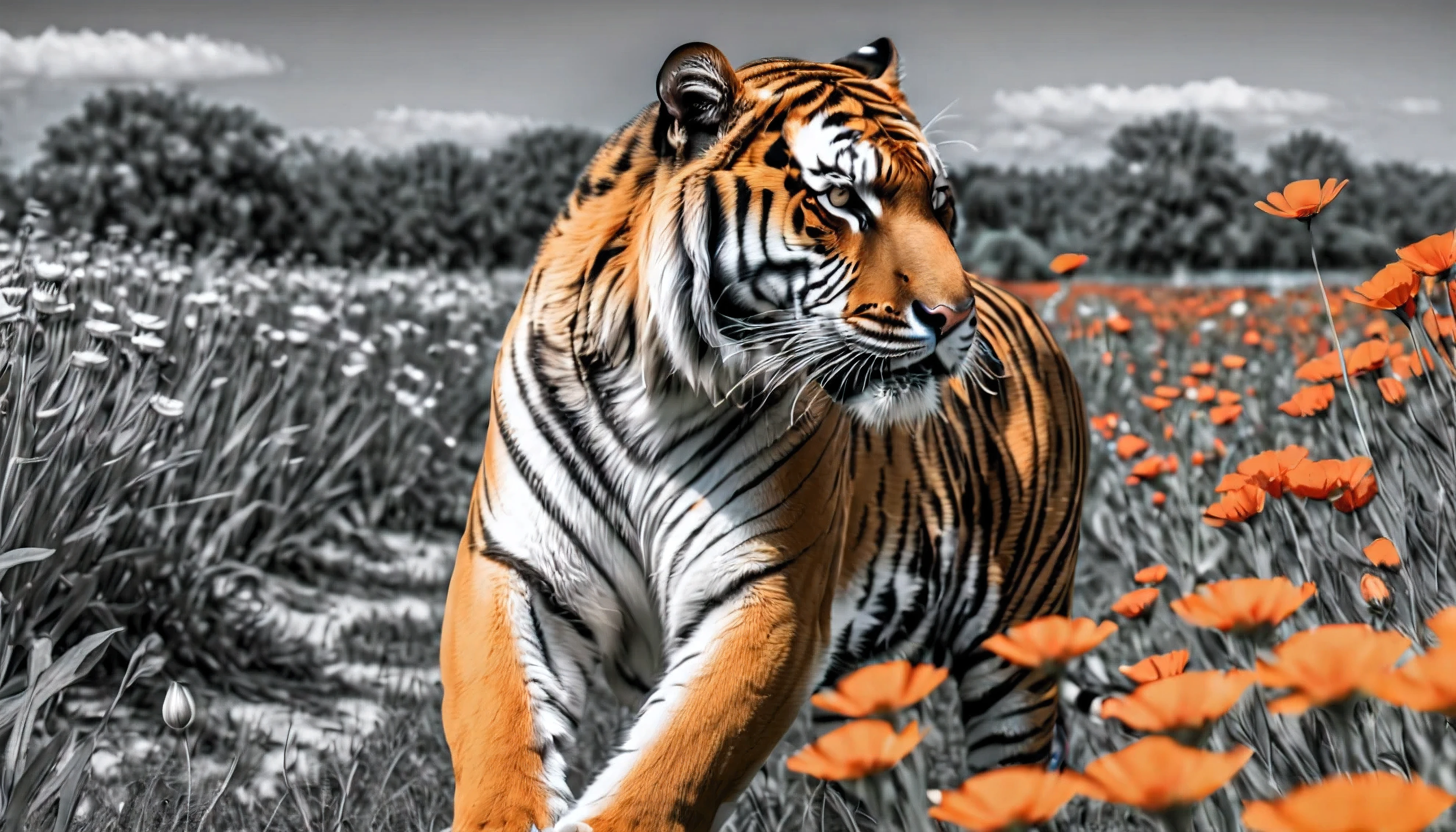 ((Selective color)), Drawing of Majestic Tiger in flower field, smooth lines, fine art piece, Express expressions and postures through ink contrast, emphasize light, shadow and space. figurative art, (best quality, 4K, 8k, high resolution,masterpiece:1.2) ,(actual, photoactual, photo-actual:1.37).