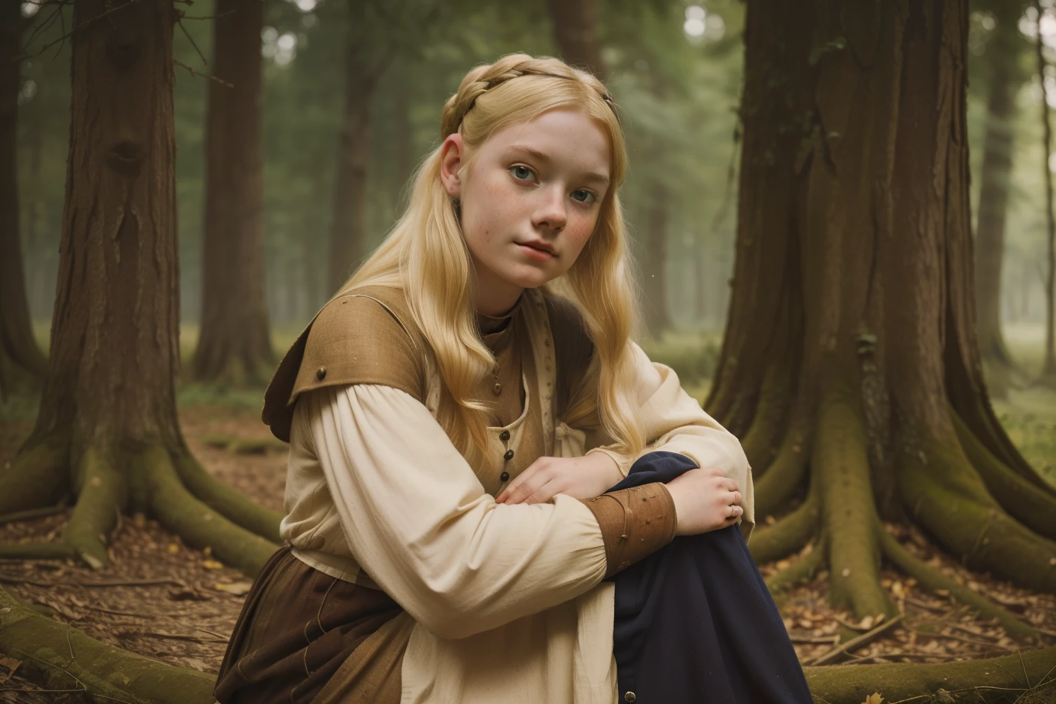 England, 1337. A young ((((18-year-old)) Gwenda)), strong, rustic, freckles all over her face, sitting in the forest hugging her knees, ((terrified expression)). ((((clothings from the 1300s, dress)))), ((blond hairstyle of the 1300s))