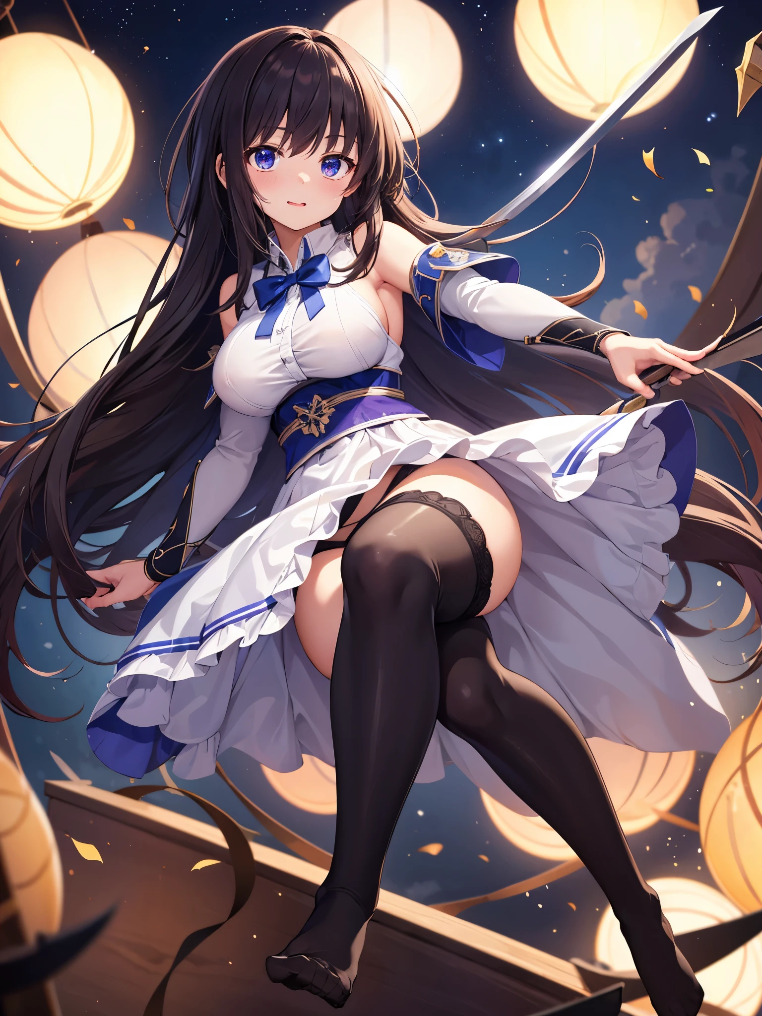(1 girl),(high quality), (High resolution), (extremely detailed), (8K),(focus on lower body),(CG),female university student、beautiful girlfriend、magic knight costume、Magic Swordsman、Sorcerer、full body tights、sexy panties、(black knee high stockings:1.2)、erect nipple shape、No shoes、(neutral white lighting),sexy pose