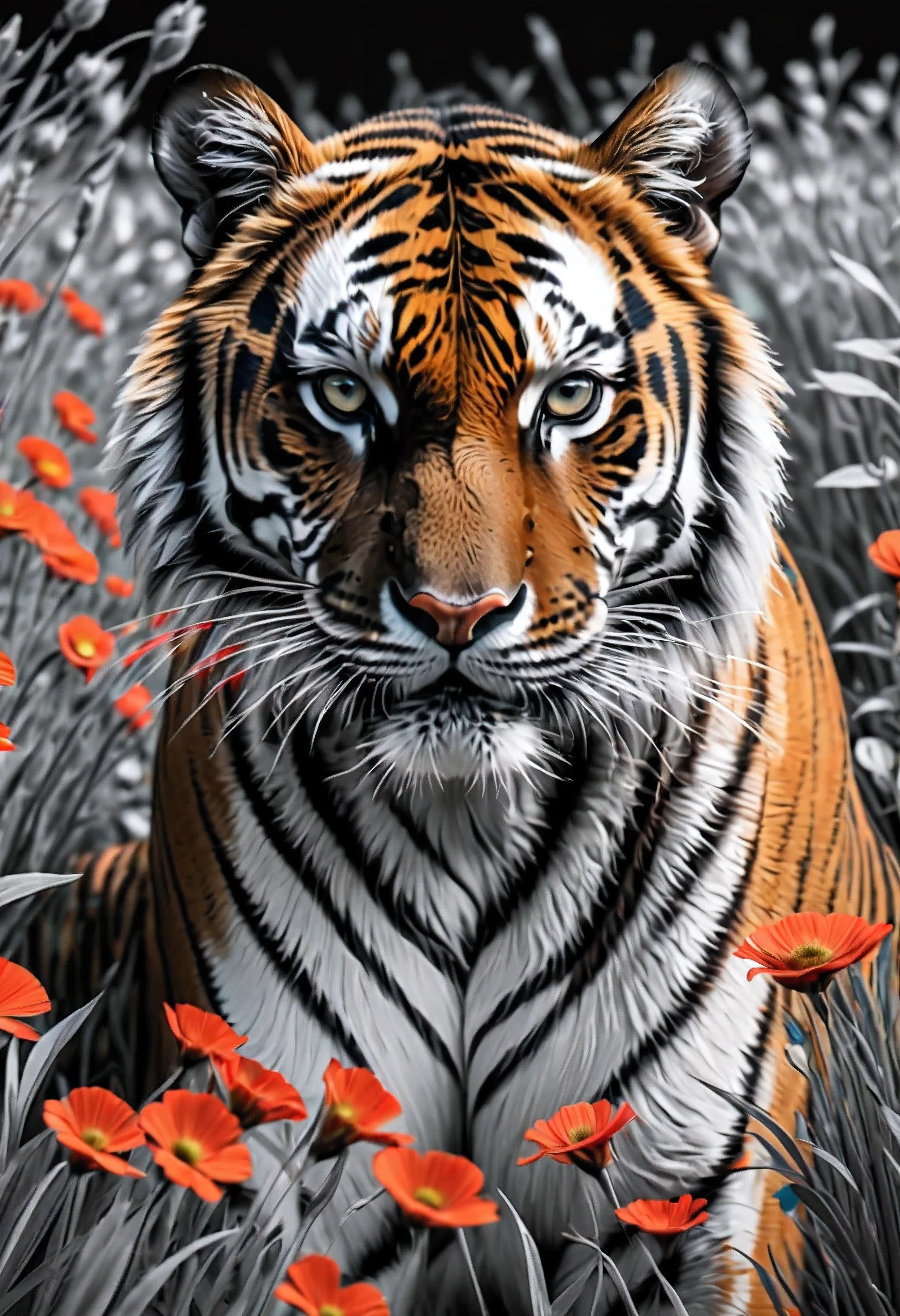 ((Selective color)), Drawing of Majestic Tiger in flower field, smooth lines, fine art piece, Express expressions and postures through ink contrast, emphasize light, shadow and space. figurative art, (best quality, 4K, 8k, high resolution,masterpiece:1.2) ,(actual, photoactual, photo-actual:1.37). 