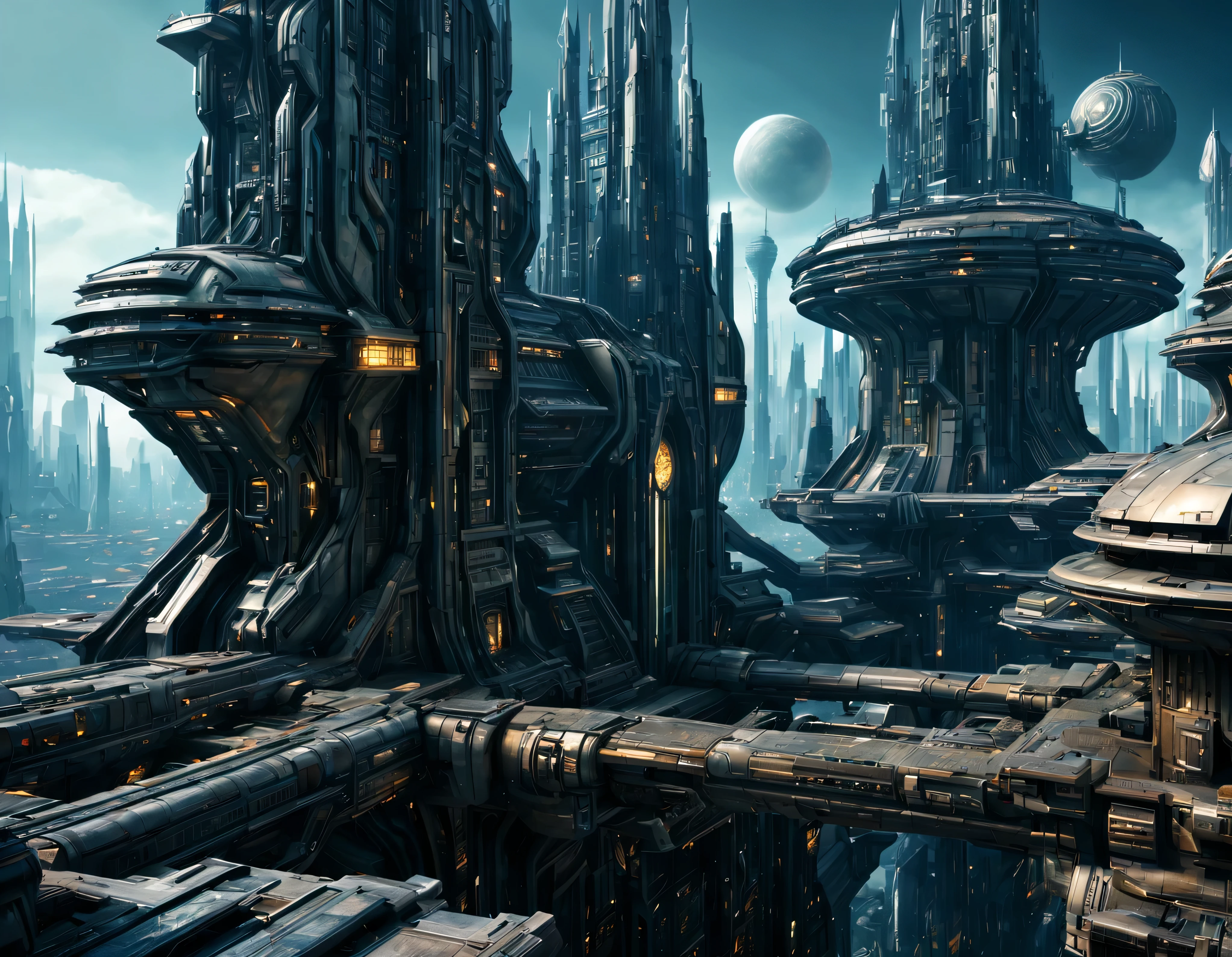 On an unknown planet there is a futuristic fantasy city similar to the one in the movie Tomorrowland., cyberpunk, century XXV technology, with huge buildings of super technological design, puentes entre edificios, que forman una infinita avenida con estructuras acristaladas y de metal, donde predomina el bronce, con Colores vivos, pavimento ensolado sin brillo, poca gente paseando, similar a Coruscant, imagen bien definida 8k, (intrincados detalles de la maquina), con muchos edificios juntos.(obra maestra de superior calidad).(imagen fotorrealista), nitidez absoluta hasta el fondo.