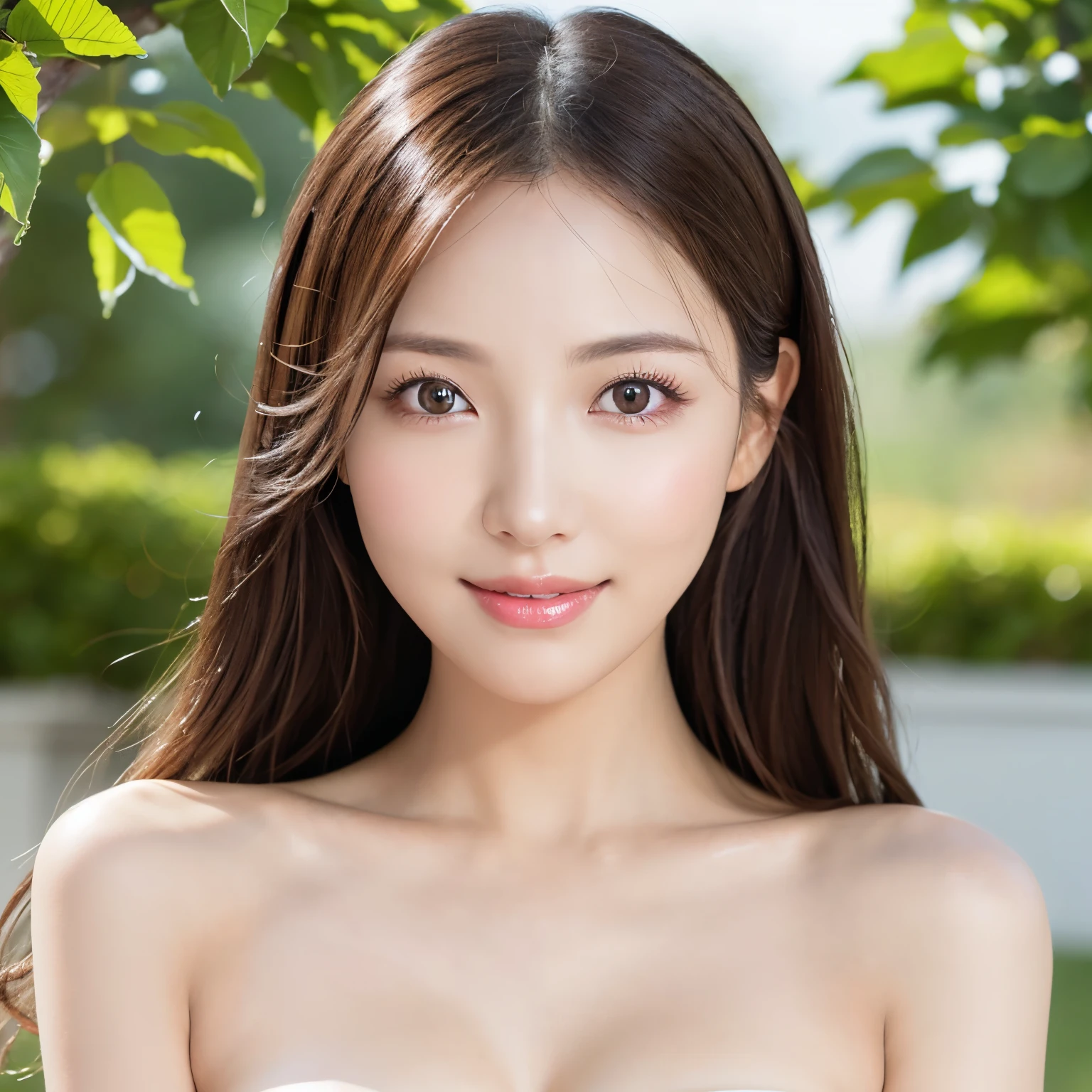 (High resolution, 4k, 8k, super detailed: 1.2), (hyperrealistic, photorealistic: 1.37), (illustrated), (detailed lighting), (very delicate and beautiful), 1 young girl, brown hair , Model, Bare Shoulders and Chest, (Best Quality), 8K Super Detailed CG Wallpaper, Vibrant Colors, Professional Grade, ((Bokeh Effect))), Depth of Field. beach. smile,bangs