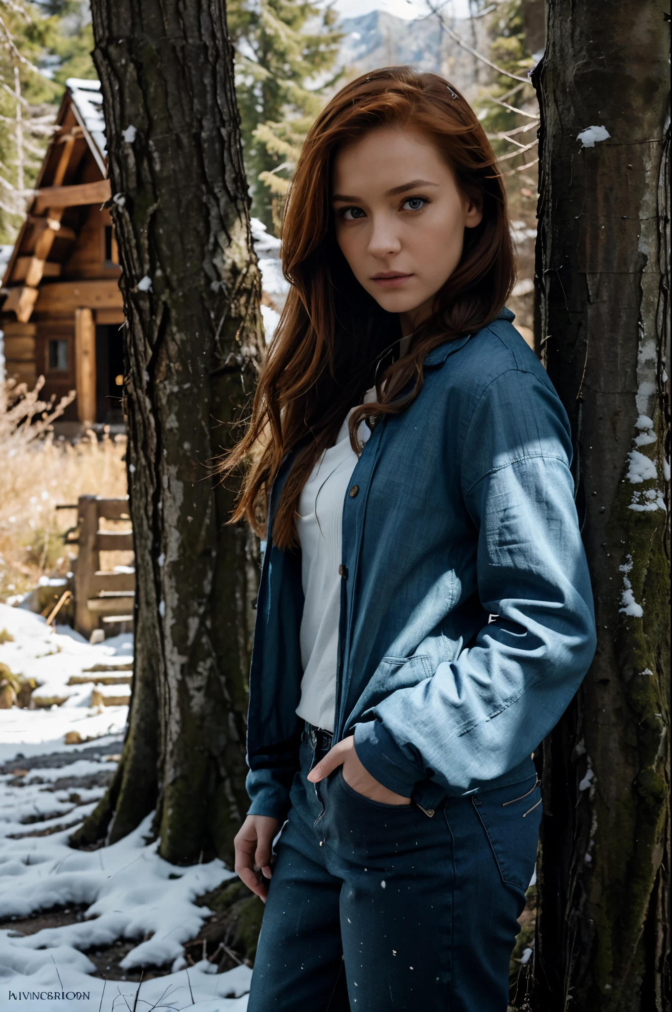 cinematic scene, eye level shot, female, 28 years old, rousse, yeux bleus, pantalon marron, manteau fourrure blanc, neige, soleil, montagne, forêt, pont, rivière