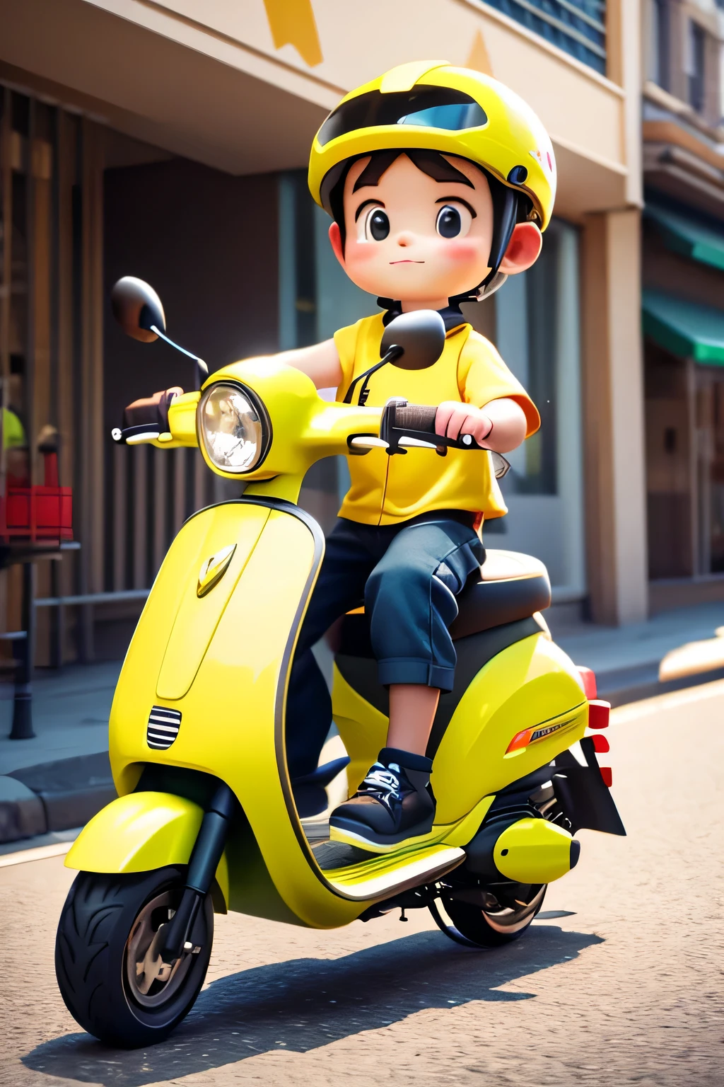 A short delivery boy in yellow clothes rides an electric scooter，Lovely，3D，background