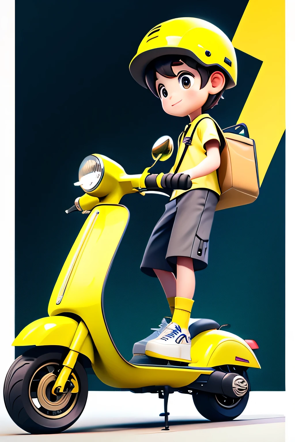 A short delivery boy in yellow clothes rides an electric scooter,Lovely,3D,background