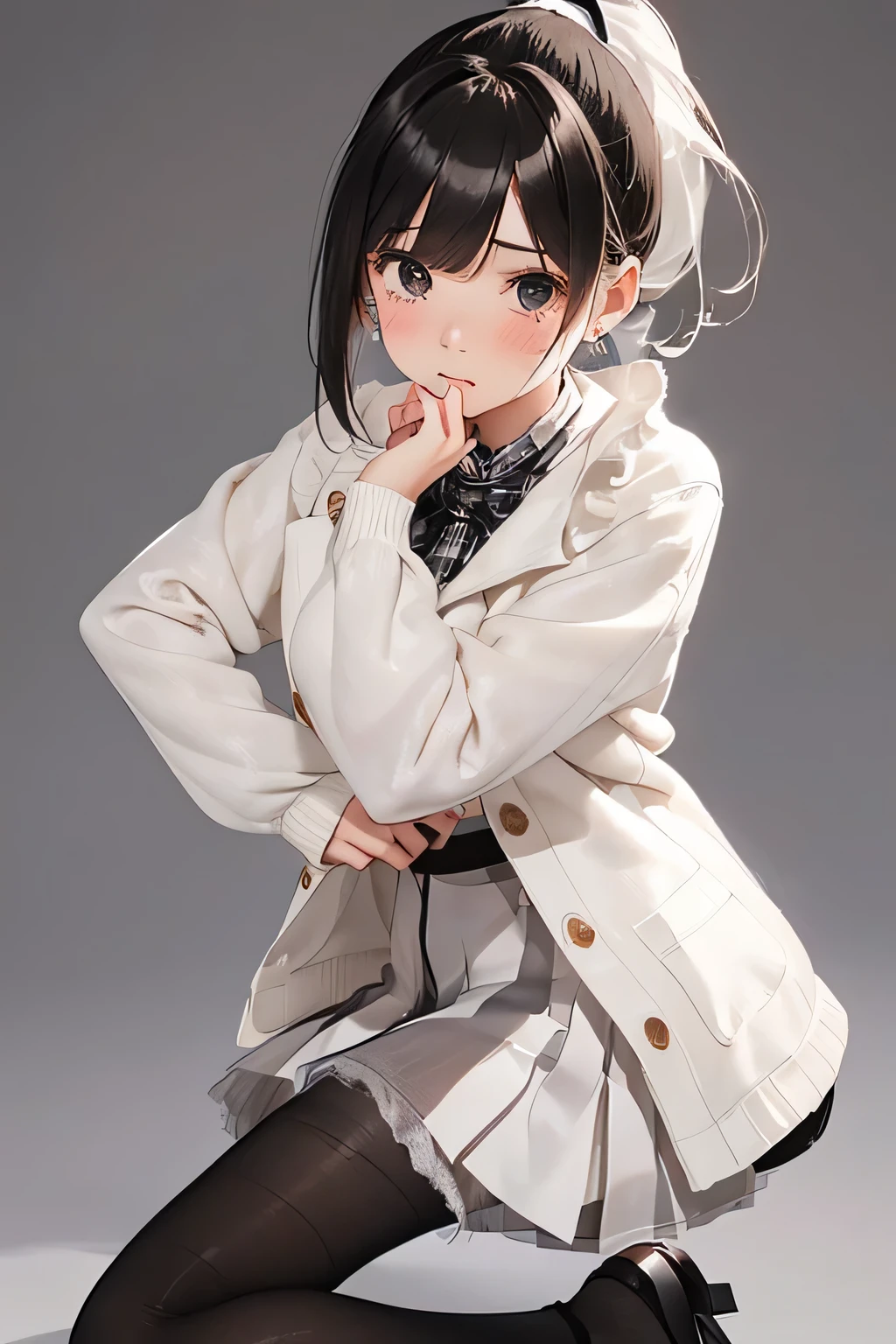 1girl, ((girl)) 、1 person、small face,20-year-old、 (tears) 、cry、white coat、white sweater、((plaid pleated skirt)) 、((black pantyhose:1.5)) 、Brown snow boots, (princess cut), (bob cut)、(medium hair)、(ponytail:1.5) 、brown hair 、sad expression、 ((no background:1.5))