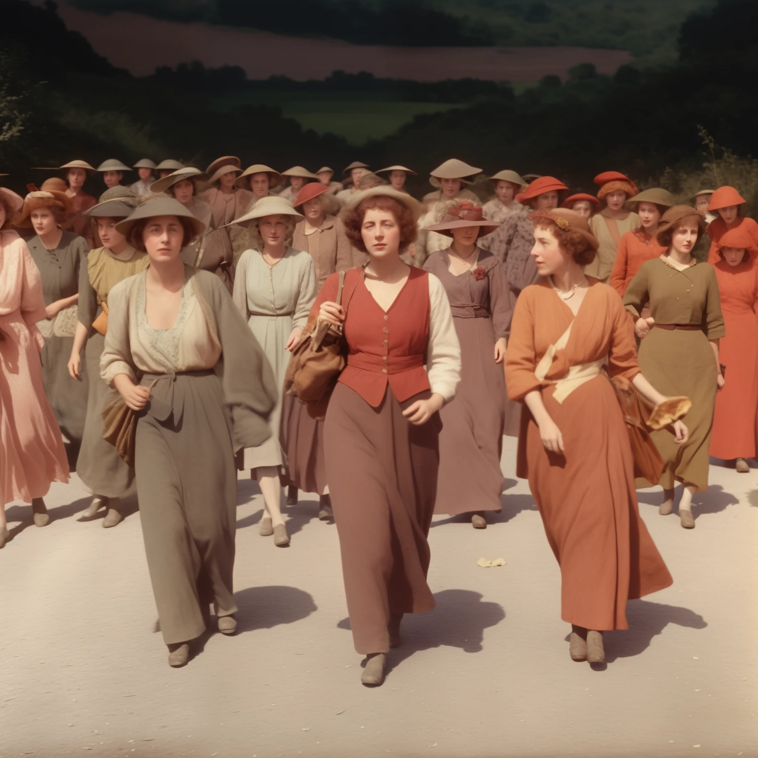 several women in long dresses are walking down a road, ww1 film photo, 4 k photo autochrome, still from the film, scene from the film, 1910s film still, colourised, colourized, high resolution film still, autochrome, award winning autochrome photo, vintage color photo, still from the movie, still from film