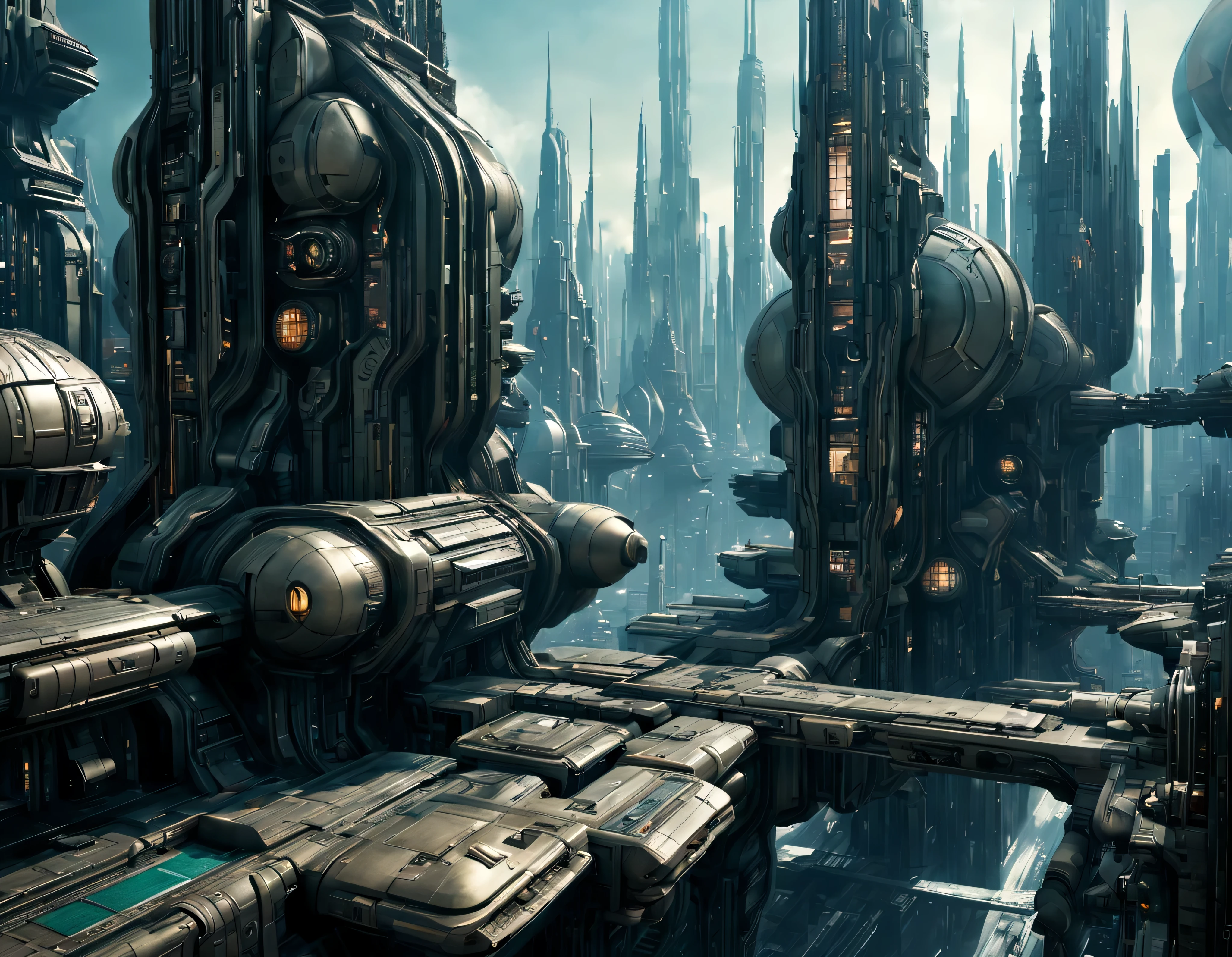 On an unknown planet there is a futuristic fantasy city similar to the one in the movie Tomorrowland., cyberpunk, century XXV technology, with huge buildings of super technological design, puentes entre edificios, que forman una infinita avenida con estructuras acristaladas y de metal, donde predomina el bronce, con Colores vivos, pavimento ensolado sin brillo, poca gente paseando, similar a Coruscant, imagen bien definida 8k, (intrincados detalles de la maquina), con muchos edificios juntos.(obra maestra de superior calidad).(imagen fotorrealista), nitidez absoluta hasta el fondo.