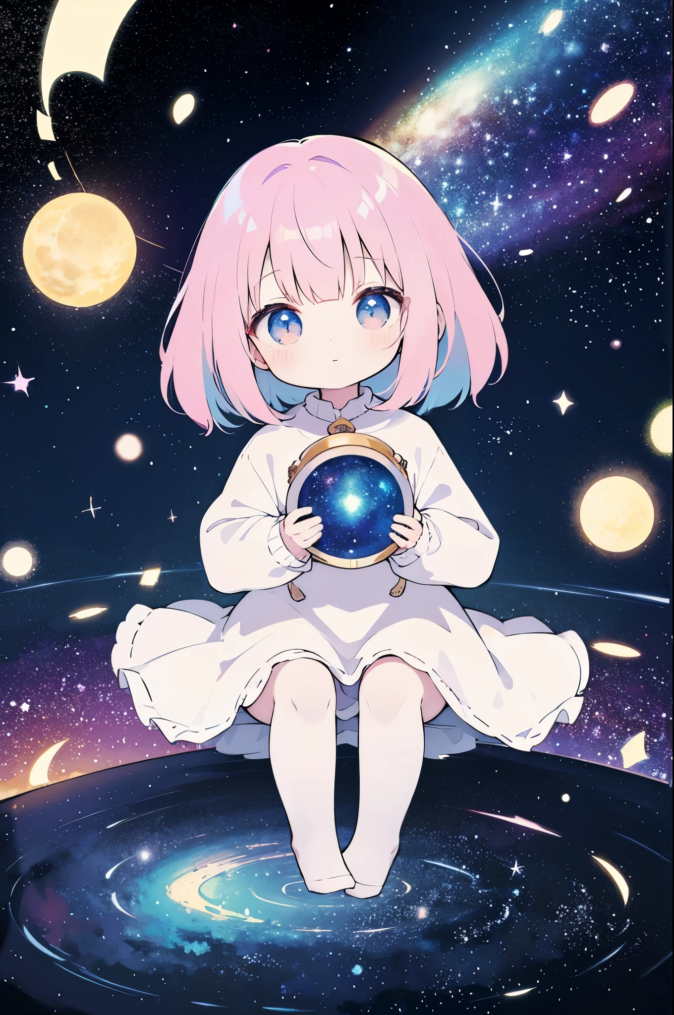 Chibi girl teaching cosmology、Galaxy painting on background