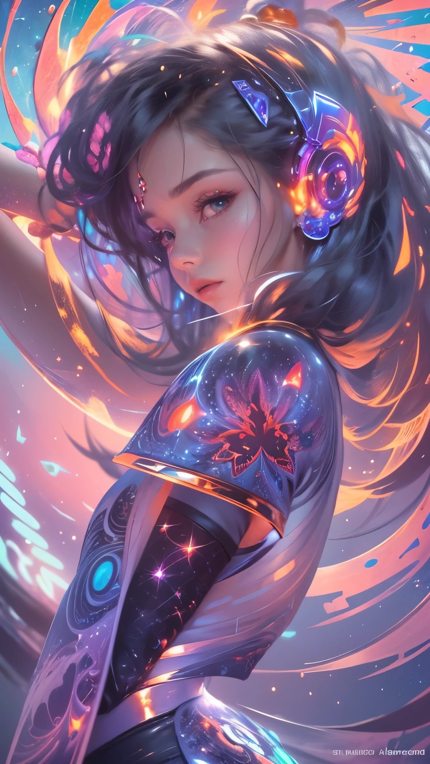 (masterpiece, top quality, best quality, official art, Beauty and aesthetics: 1.2), (1 girl), Extreme details, (fractal art: 1.3), extremely colorful, Supreme detail, perfect face, sportswear, human development report, starry sky, meteor, Light stripes, Surrealism.