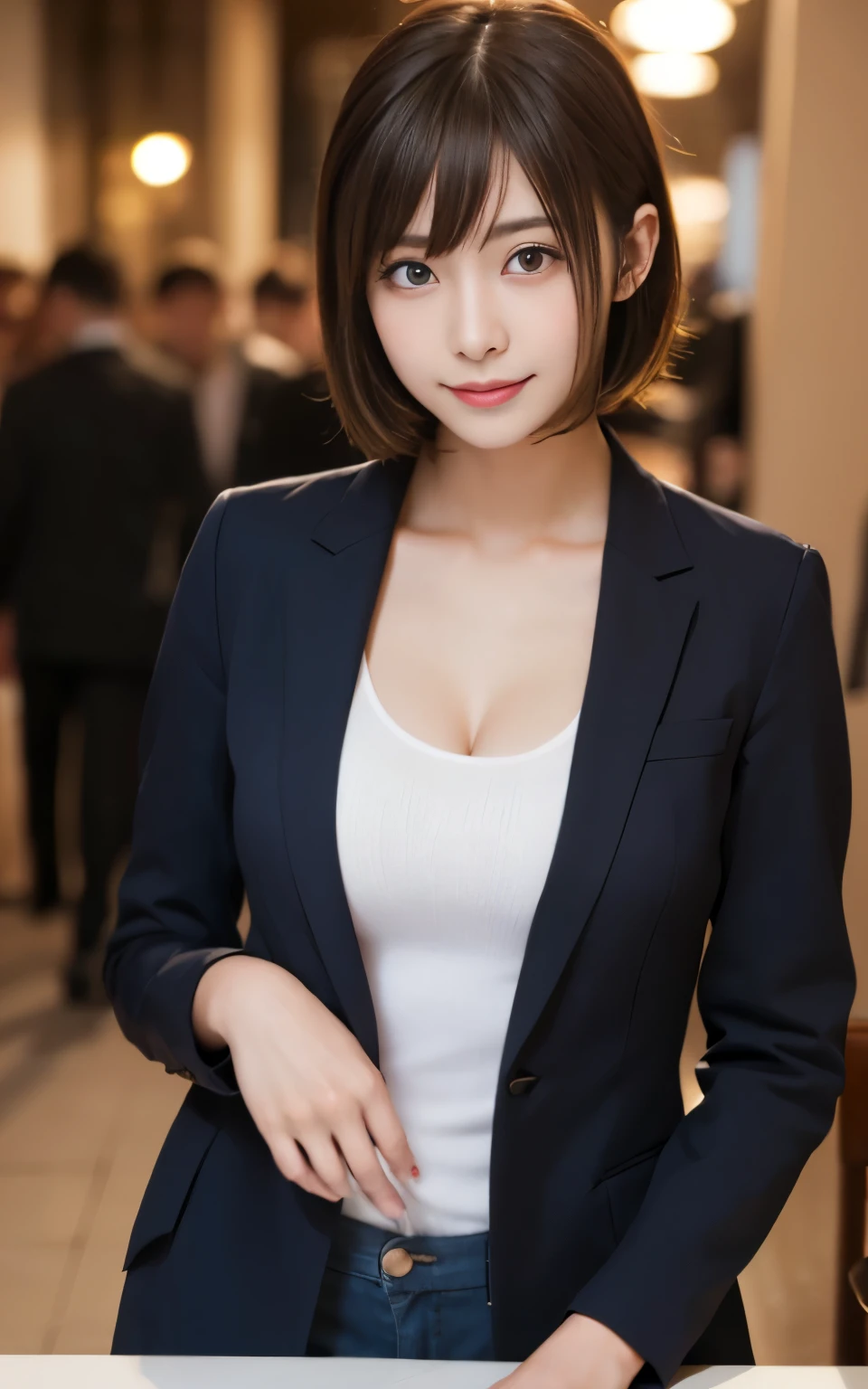 table top, highest quality, figure, super detailed, finely, High resolution, 8k wallpaper, 完璧なダイナミックな構figure, beautiful and fine eyes, Sexy下着,bob hair, middle of chest, natural color lip, ランダムでSexyポーズ,smile,20 year old girl、Huge 、suit、suitジャケット、Sexy、nipple,Cowgirl