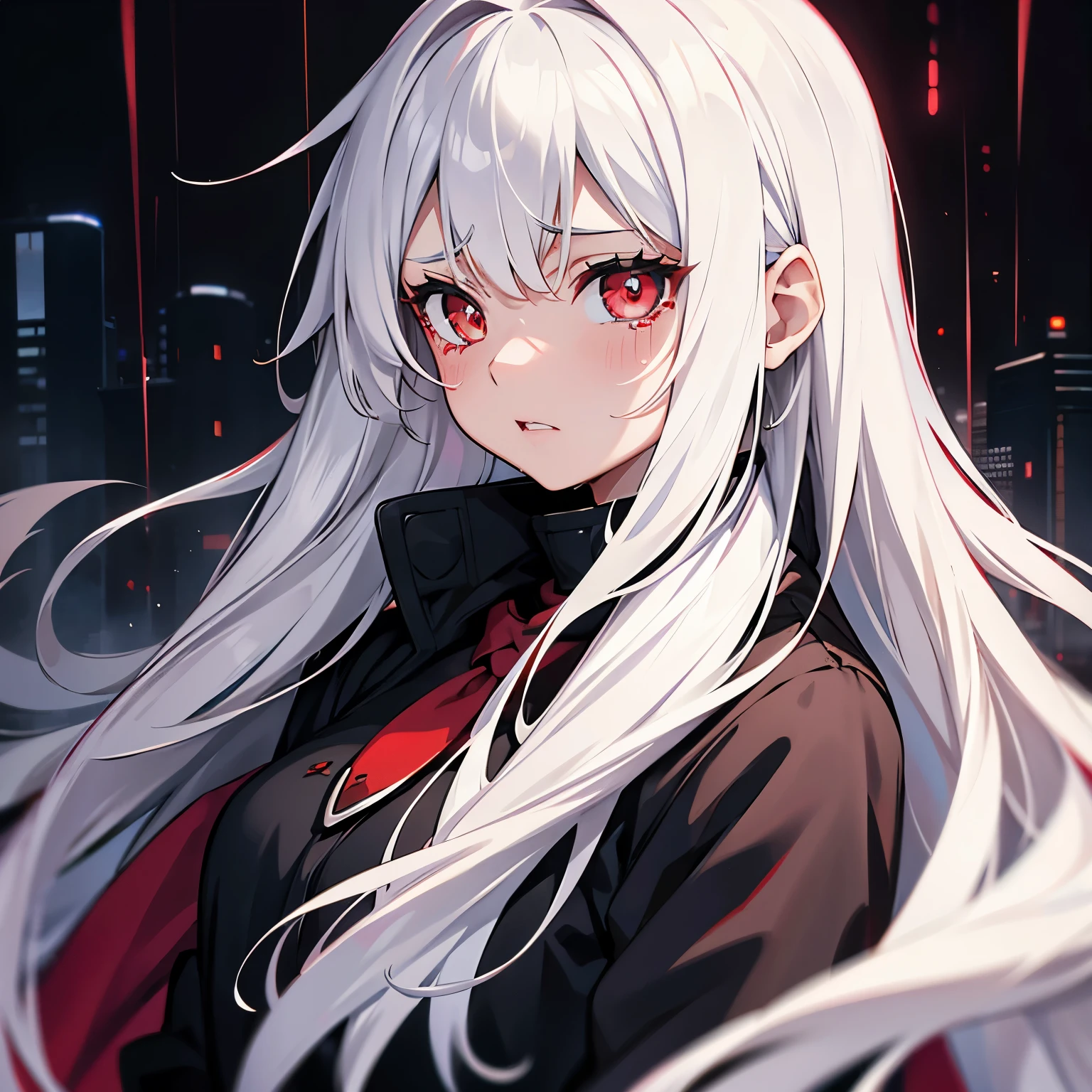 16 year old girl，long white hair，red pupils，cry，night，heavy rain