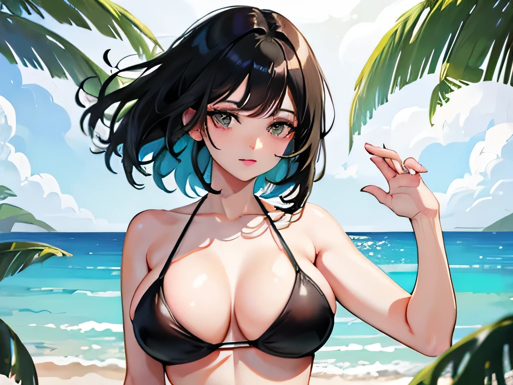 Draw an illustration of a woman with black hair, olhos verdes, usando bikini branco, pele suada.