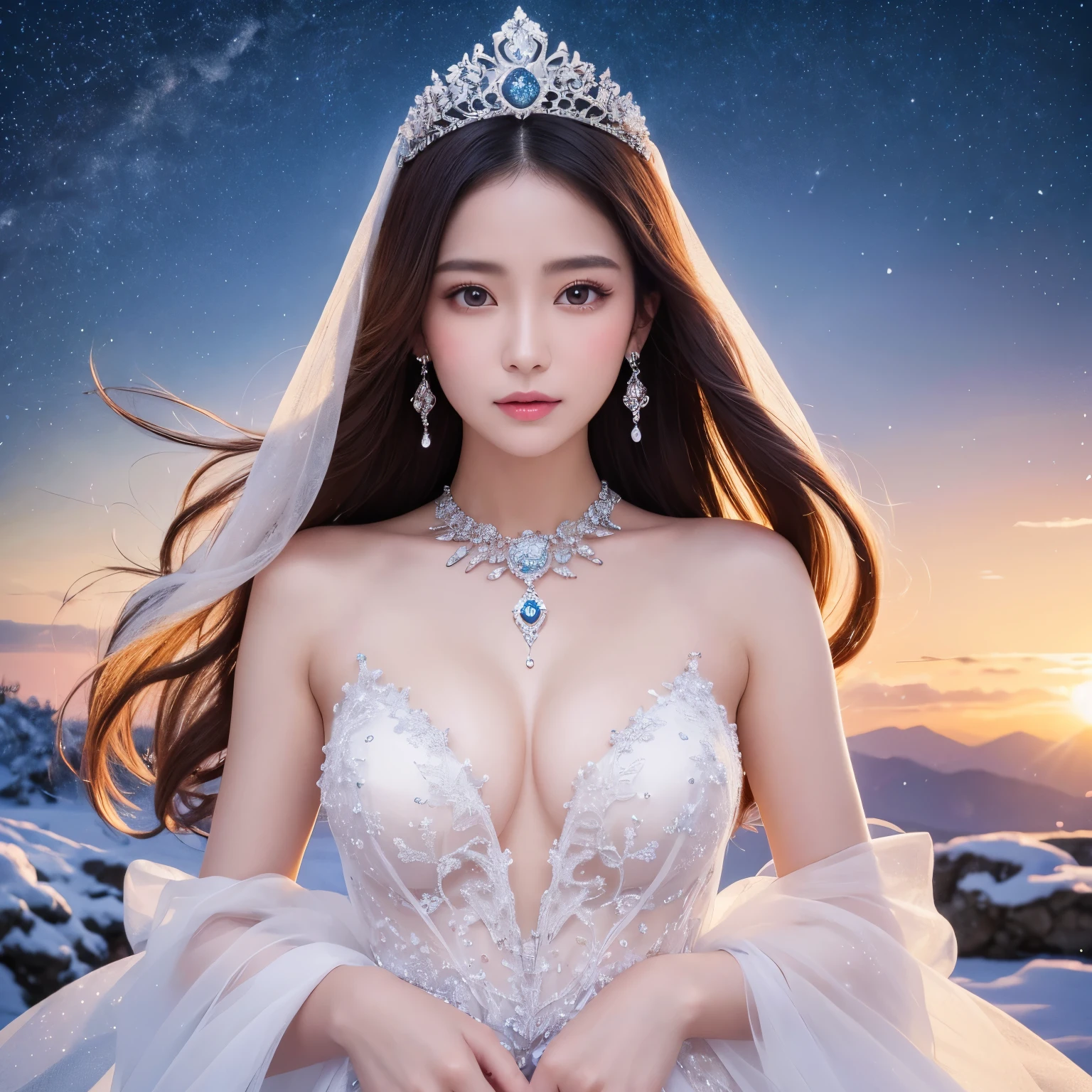 ((highest quality、table top、8K、best image quality、extremely complex and detailed depiction))、The most luxurious and highest quality giant tiara、The most luxurious and highest quality giant necklace、Yukihime、fantastic snowy mountain、big and full breasts、skin as white as snow、glowing skin、Dresses that shine in silver、Elegant and beautiful pure white snow dress、elegant decoration、Diamond decoration、artistic decoration、dress with lots of jewels、Luxury beyond imagination、the most luxurious decoration in the world、shining snow、Shining blizzard、Fantastic snowscape、Snow like a jewel、Diamond dust、The most realistic and complex background、Highly detailed and realistic background、A cold expressionless face stares at me、pure white skin、pure white makeup、accurate anatomy、close up of face、雪が積もったwood々、wood々A transparent fantastic sunset、Beautiful magnificent sunset、that&#39;It&#39;s snowing、snow-covered mountain々