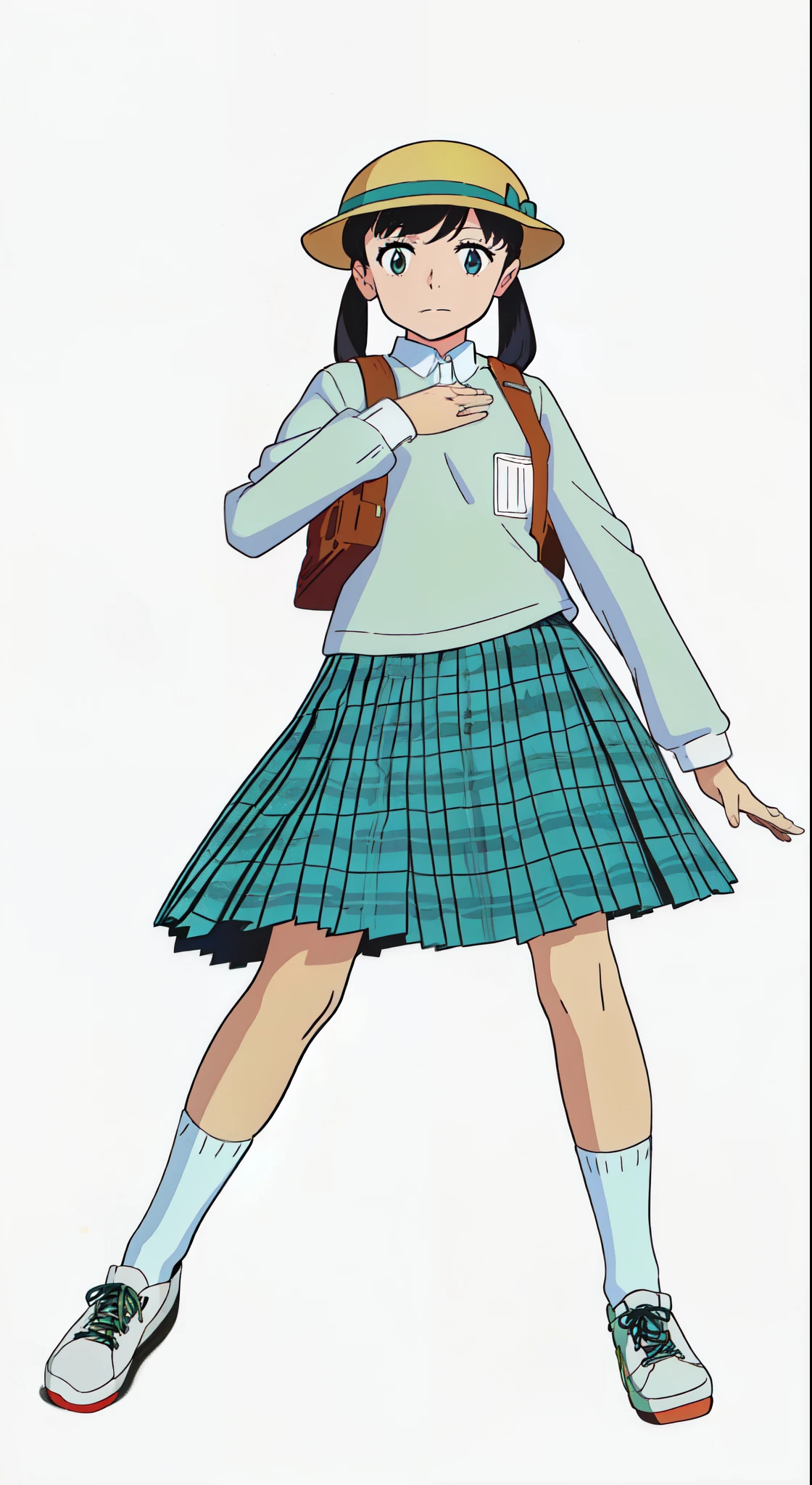 (white background:1.0), (best quality:1.0), (masterpiece:1.0), (super fine illustration:1.0), (beautiful artwork:1.0), (anime screencap:1.0), (official art:1.0), (full body:1.0), (solo:1.0), (ESGA:1.0), (a 12yo cute girl:1.0), (yellow hat:1.0), (red backpack:1.0), (long skirt:1.0), (green tartan skirt:1.0), (pleated skirt:1.0), (aqua blue polo shirt:1.0), (long sleeve polo shirt:1.0), (sneakers:1.0), (white socks:1.0), (ideal ratio body proportions:1.0), (lanky:1.0), (tall:1.0), (slender:1.0), (small breasts:1.0), (smaller face:1.0), (tareme:1.0), (detailed beautiful eyes:1.25), (detailed beautiful face:1.25), (glowing black eyes:1.0), (short hair:1.0), (low twintails:1.0), (black hair:1.0), (standing:1.0), (looking at viewer:1.0)