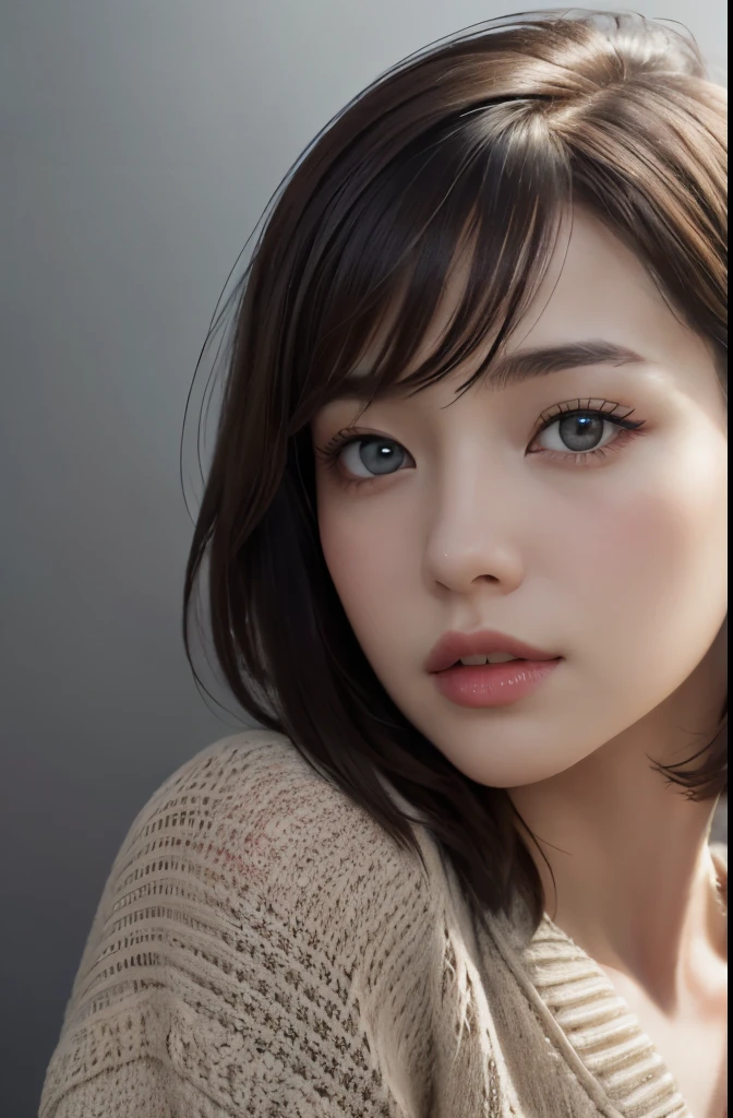 (Representative works:1.2)、(8k、photorealistic、Raw photo、Highest image quality:1.4)、(30 year old mature woman)、small face、beautiful face、(realistic face)、no makeup、natural makeup、Light makeup、 (Dark brown、short hair:1.3)、beautiful hairstyle、realistic eyes、beautiful detailed eyes、 (photorealisticな肌)、beautiful skin、 (sweater),,Bust B cup、 Disorganized、 charm, 超High definition, Super realistic, High definition, Golden Ratio FF Tifa、Gray background、