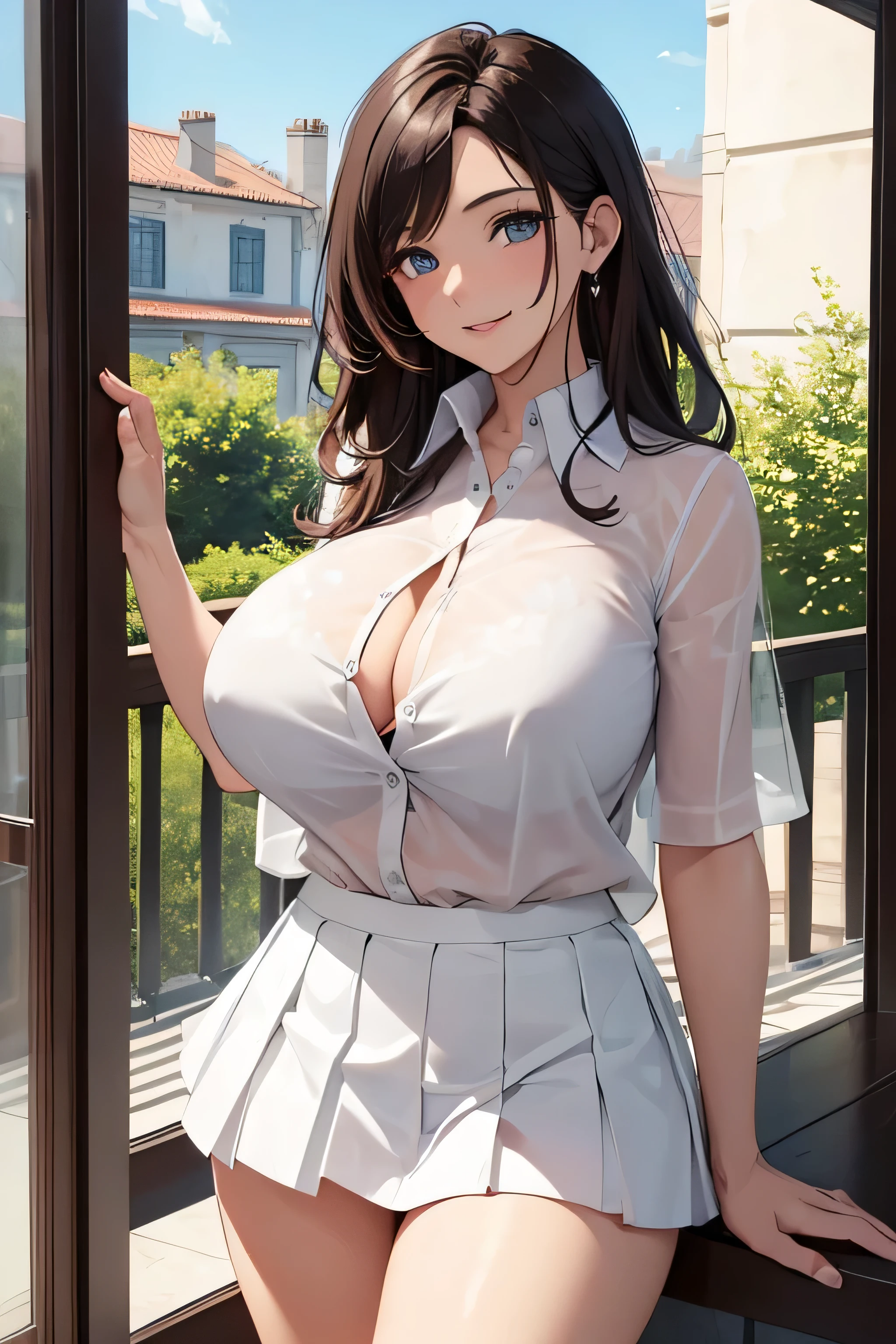 (highest quality, masterpiece:1.5), (sexy mature european woman, gentle smile:1.5) ,(huge breasts、thighs:1.5), （black bra:1.5）,(white transparent shirt、white mini skirt:1.5), garden、random pose、brown hair