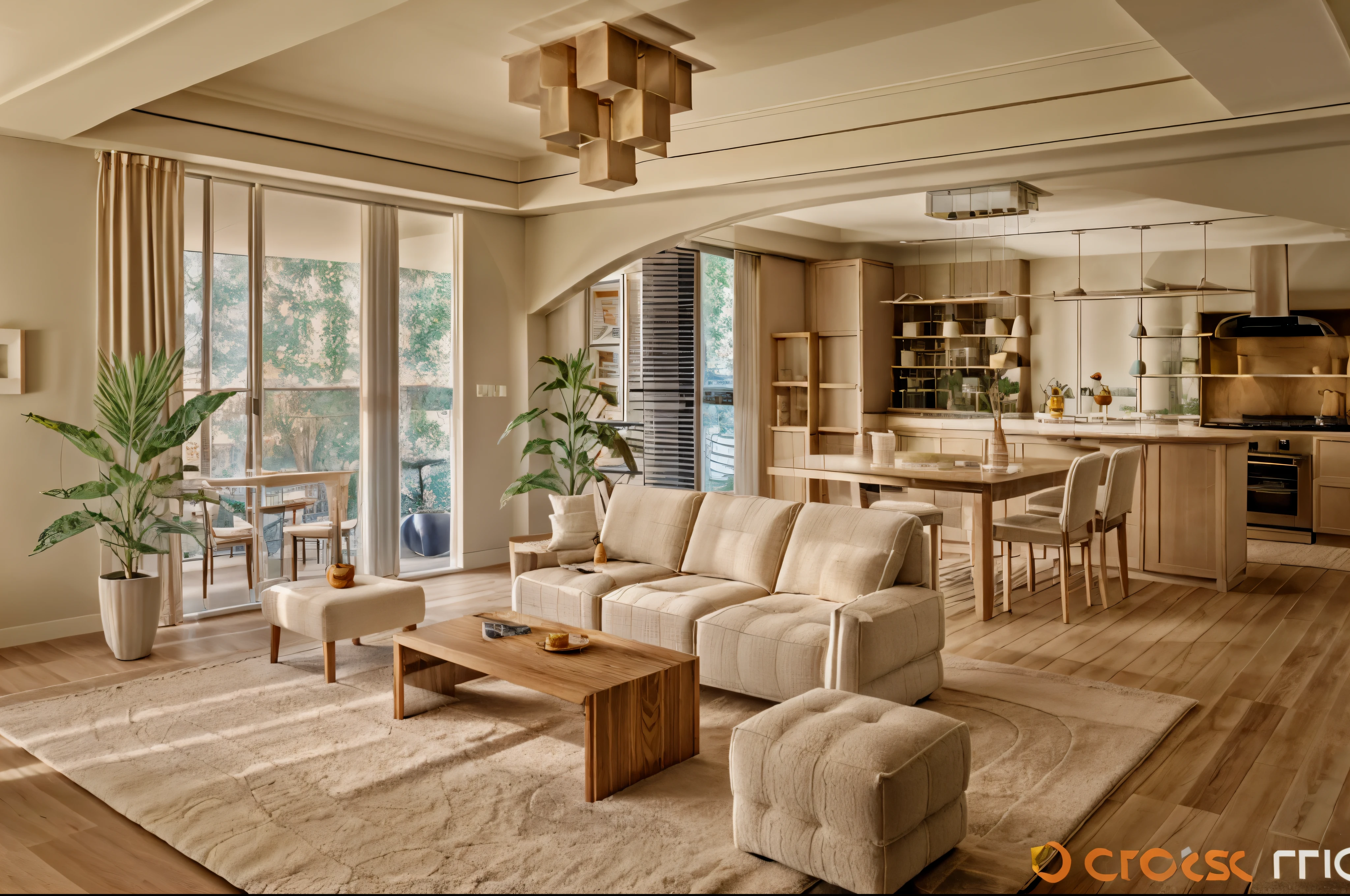 European-style living room，Sectional sofa，carpet，Light wood floors，Milk tea color wall，European style decorative curtains，Floor-to-ceiling windows，outdoor garden，Open plan kitchen