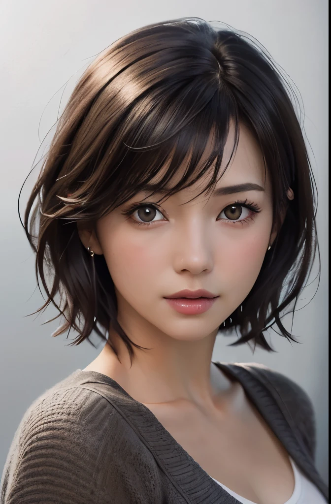 (Representative works:1.4)、(8k、photorealistic、Raw photo、Highest image quality:1.4)、(30 year old mature woman)、small face、beautiful face、(realistic face)、no makeup、natural makeup、Light makeup、 (Dark brown、short hair:1.3)、beautiful hairstyle、realistic eyes、beautiful detailed eyes、 (photorealisticな肌)、beautiful skin、 (sweater),,Bust B cup、 small breasts、 charm, 超High definition, Super realistic, High definition, Golden Ratio FF Tifa、Gray background、