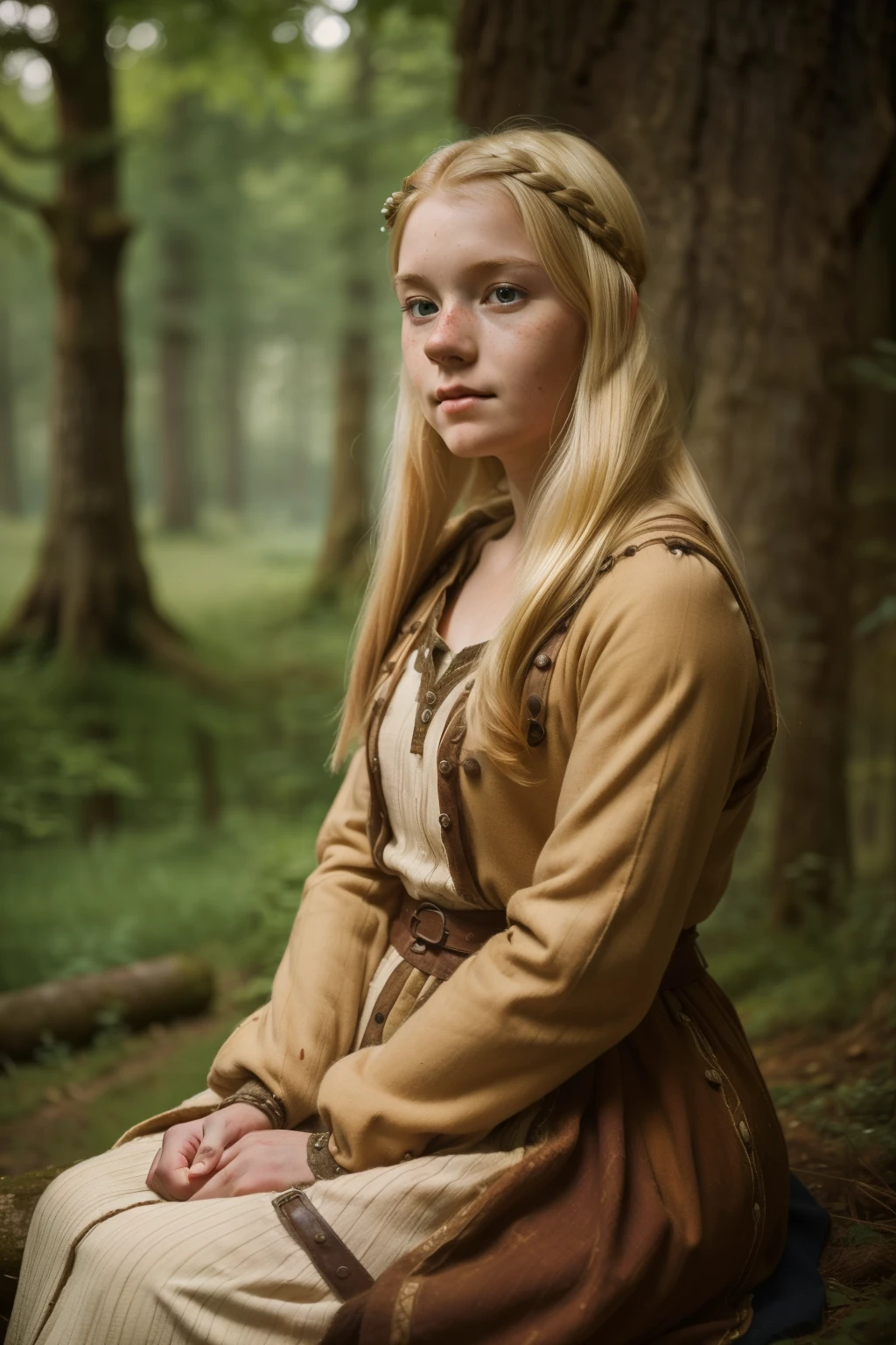 England, 1337. A young ((((18-year-old)) Gwenda)), strong, rustic, freckles all over her face, sitting in the forest hugging her knees, ((fear expression)). ((((clothings from the 1300s, dress)))), ((blond hairstyle of the 1300s)) 