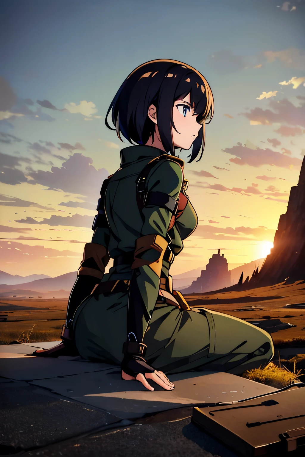 In the midst of a desolate landscape, a lone figure emerges. Dressed in the stark uniform of a soldier, a young woman crouches, her back to the world but her eyes piercing through the lens, capturing the essence of her resolve. Behind her, the remnants of conflict loom, yet in her stance, there is a defiance, a readiness to face whatever challenges may come. What thoughts consume her as she meets the camera's gaze? Explore the depths of her determination, the burdens she carries, and the strength that sustains her amidst the chaos of war.