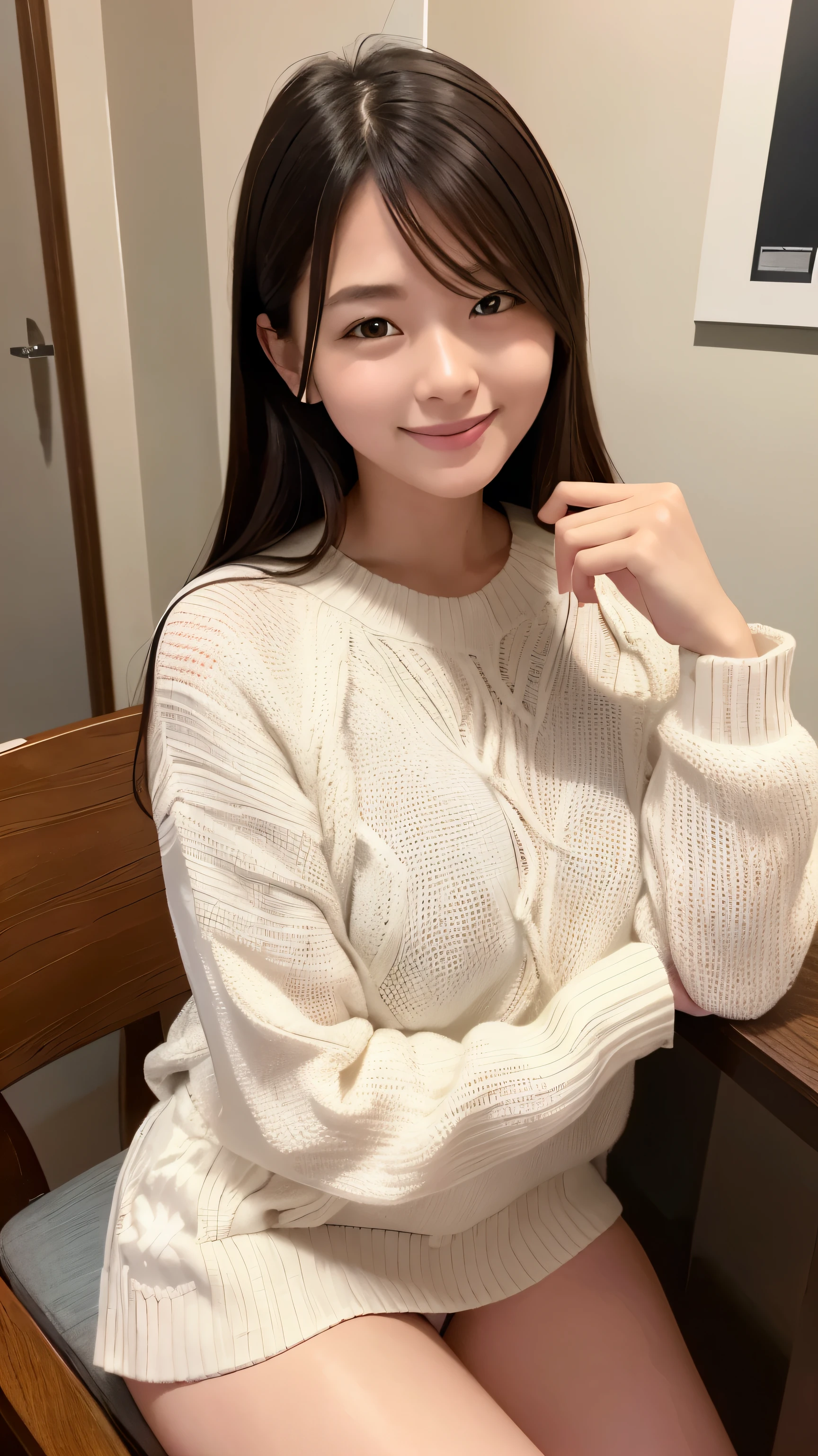 best image quality、realistically、Shining beautiful skin、1 female、Early 20s、Chair、idol sculpture、sweater、mini skirt、underwear、smile at the camera、