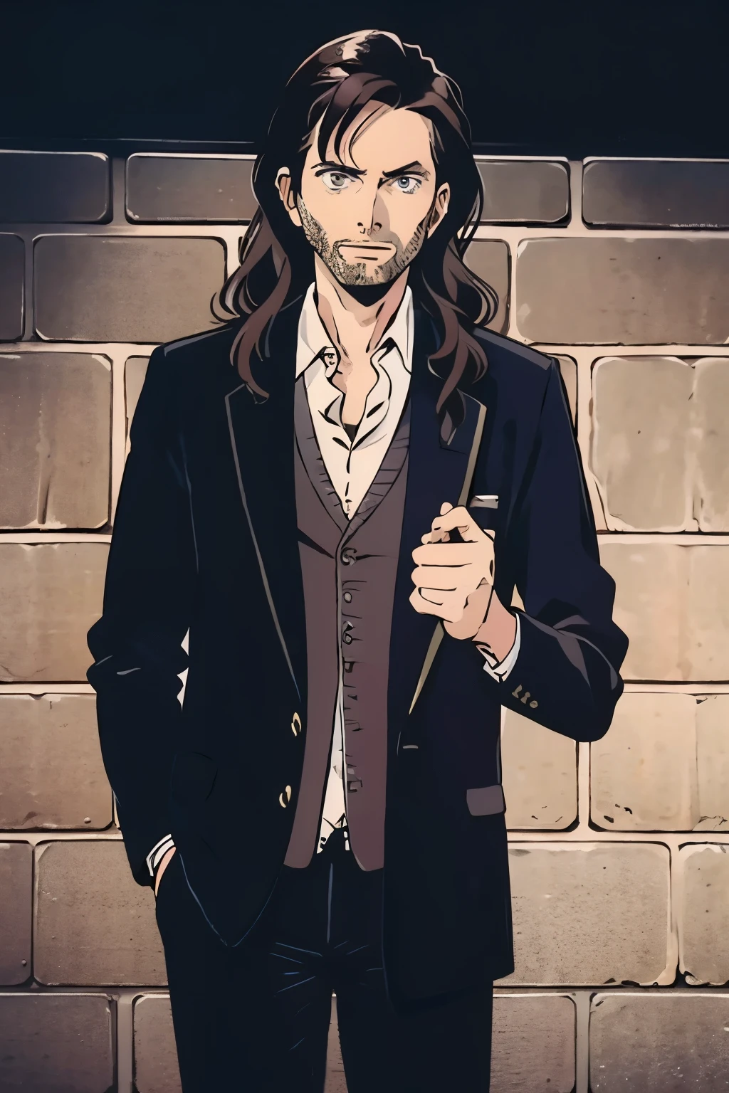 1man, David Tennant with long wavy black hair and beard, gray eyes. Elegant black clothes. Simple man background