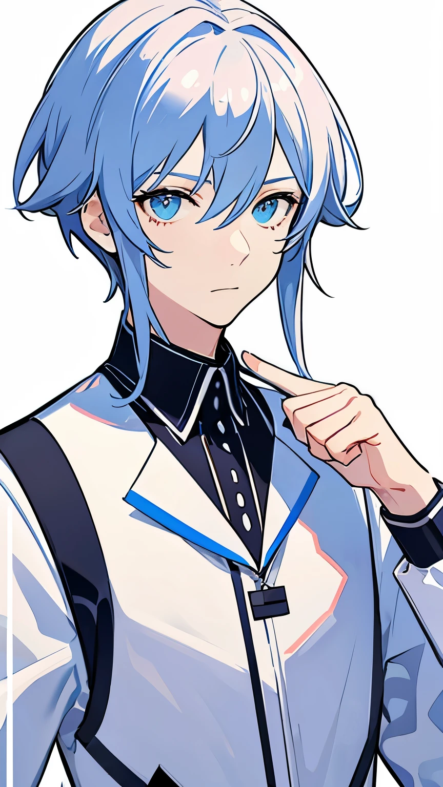 VTuber Illustration、high resolution、creation、whole body,Blue mesh on white hair,neutral facial features,Her face looks cute,Has ear piercings,Height: 168cm,Clothing men's mine series,A smart boy,Hairstyle mash、With nape、high school boy