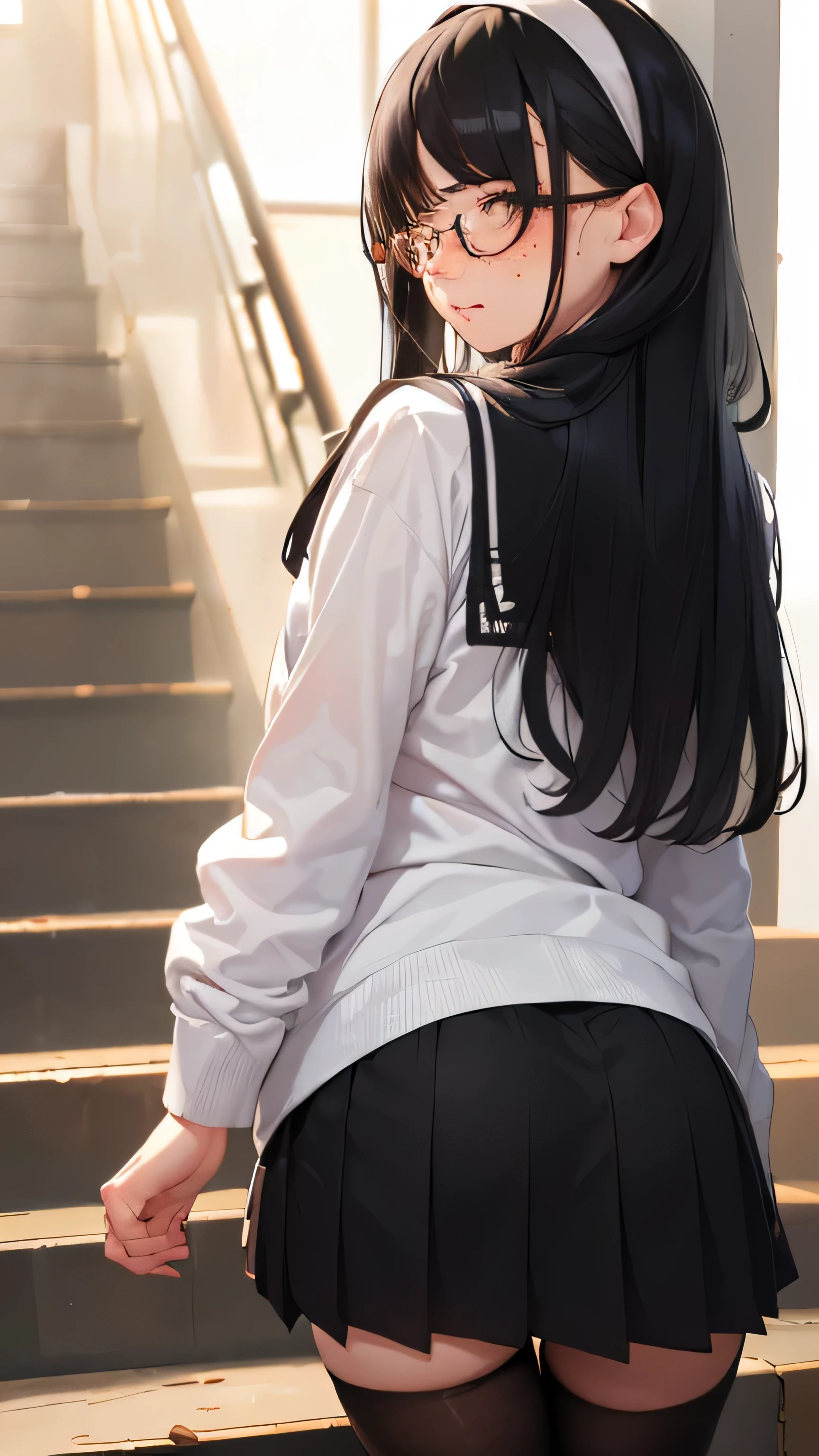 (((go up the stairs、Rear view)))high school girl、summer sailor suit、black tights、low length、(((((Eyes hidden by long bangs)))))、((([freckles:0.8]、long black hair:1.2　hair band　blush)))(((Black Rim Glasses:1.2　black eye)))、School、hold the back of the skirt with your hands、[white panties:0.3]、looking here、Upper body