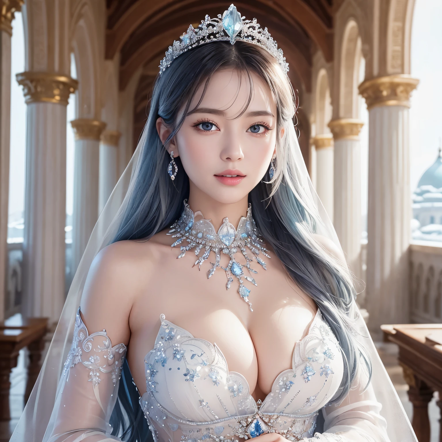((highest quality、table top、8K、best image quality、extremely complex and detailed depiction))、one snow princess、(Snow Maiden in the most luxurious palace made of ice:1.1)、(The most elaborate and luxurious sparkling ice palace cathedral:1.2)、(Inside the most fantastic giant palace made of ice:1.2)、(The most fantastic cathedral made of intricate glowing ice:1.2)、(beautiful transparent ice:1.1)、The background is a detailed ice palace、beautiful domed ceiling、(A palace made of intricately shining transparent ice:1.2)、(Elegant palace columns made of ice and crystal:1.05)、(Symmetrical composition when viewed from the front:1.2)、jeweled palace、Inside the symmetrical palace、(very romantic:1.05)、sacred and mysterious palace、(Filled with fantastic light blue light:1.1)、Beautiful shining crystal、The most luxurious and highest quality giant tiara、The most luxurious and highest quality giant necklace、[big breasts]、(skin as white as snow:1.05)、glowing skin、(A glittering silver-white jeweled dress of the highest quality:1.1)、Elegant and beautiful pure white snow dress、elegant decoration、Diamond decoration、artistic decoration、Luxury beyond imagination、the most luxurious decoration in the world、pure white makeup、Dresses that shine in silver、jewelry embellishments、Luxury beyond imagination、the most luxurious decoration in the world、Diamond dust、The most realistic and complex background、Highly detailed and realistic background、the best smile when you look at me、(beautiful snow is falling:1.05)、(close up of princess face:1.2)、(blurred background:1.1)、(mysterious fairy tale fog:1.15)、beautiful silver light blue hair、amazing movie lighting effects、Natural forehead、Complex and detailed background、the most delicate shine、Backgrounds with depth、low contrast、(Surrounded by a fantastic soft light:1.1)