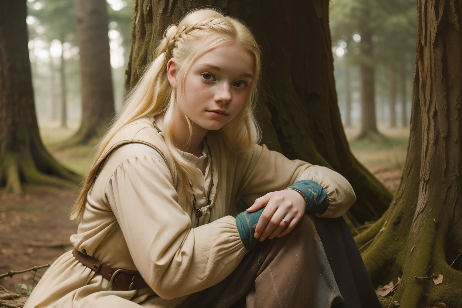 England, 1337. A young ((((18-year-old)) Gwenda)), strong, rustic, freckles all over her face, sitting in the forest hugging her knees, ((fear expression)). ((((clothings from the 1300s, dress)))), ((blond hairstyle of the 1300s))