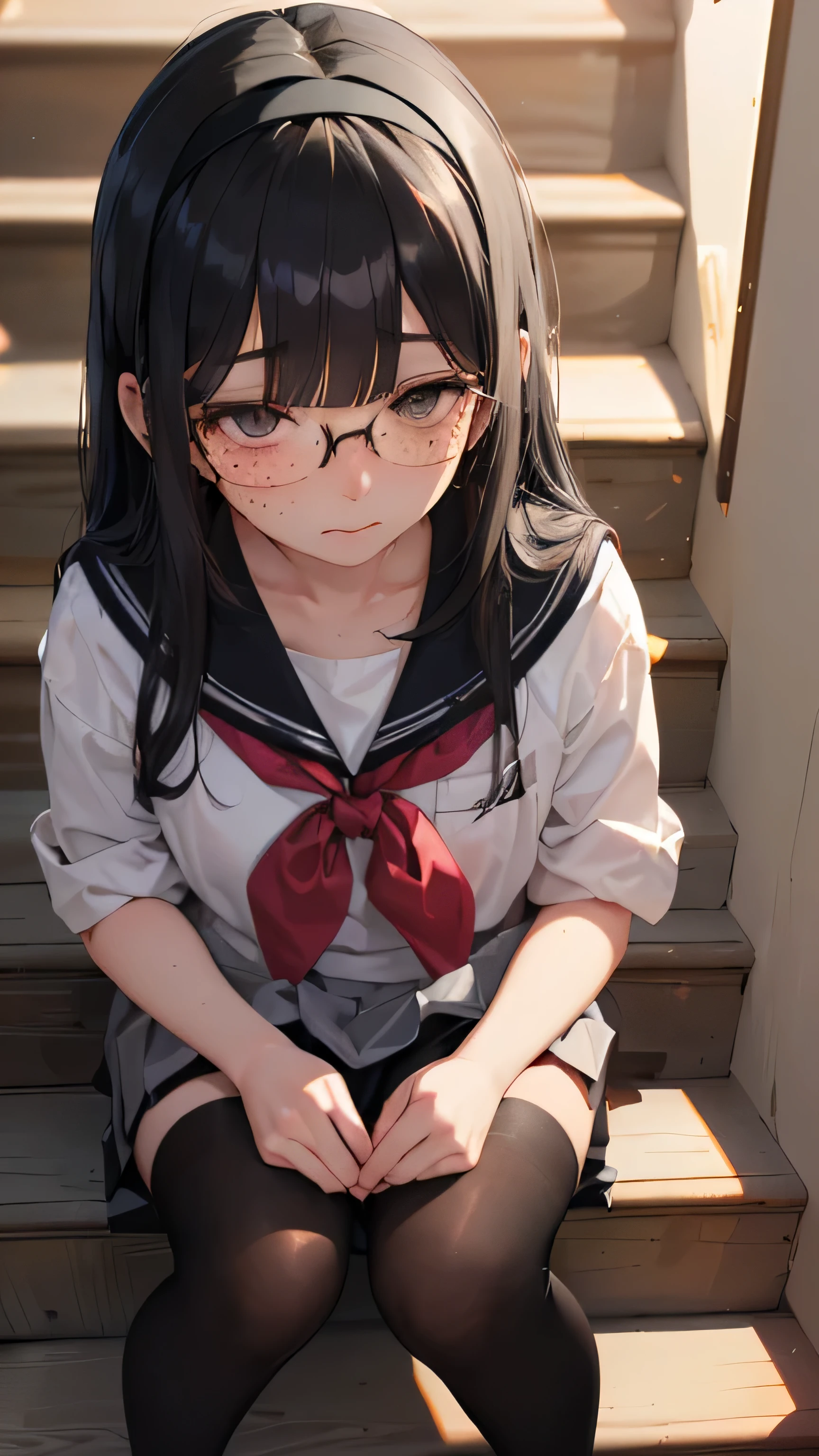 (((go up the stairs、Front attitude)))high school girl、summer sailor suit、black tights、low length、(((((Eyes hidden by long bangs)))))、((([freckles:0.8]、long black hair:1.2　hair band　blush)))(((Black Rim Glasses:1.2　black eye)))、School、hold the back of the skirt with your hands、looking here,angle from above