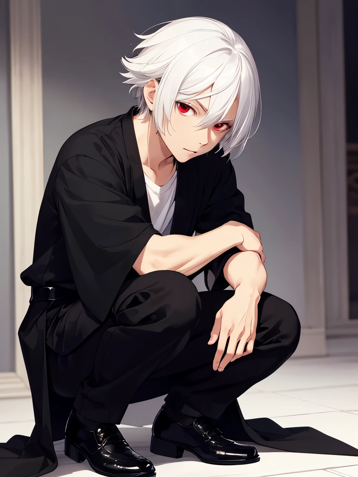 1man,cute,Squatting,Hands on knees, in the vampire palace,close up camera,focus on face,handsome,short hair, straight hair, white hair,black shirt, black trousers, black robe, red eyes, vampire