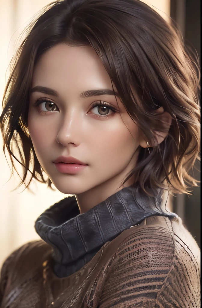 (Representative works:1.3), (8K, photorealistic, RAW photo, Highest image quality: 1.4), (30 year old mature woman)、beautiful face, (realistic face), (dark brown hair、short hair:1.3), beautiful hairstyle, realistic eyes, beautiful detailed eyes, (realistic skin), beautiful skin, (sweater), disorganized, Charm, ultra high resolution, Super realistic, High definition, golden ratio