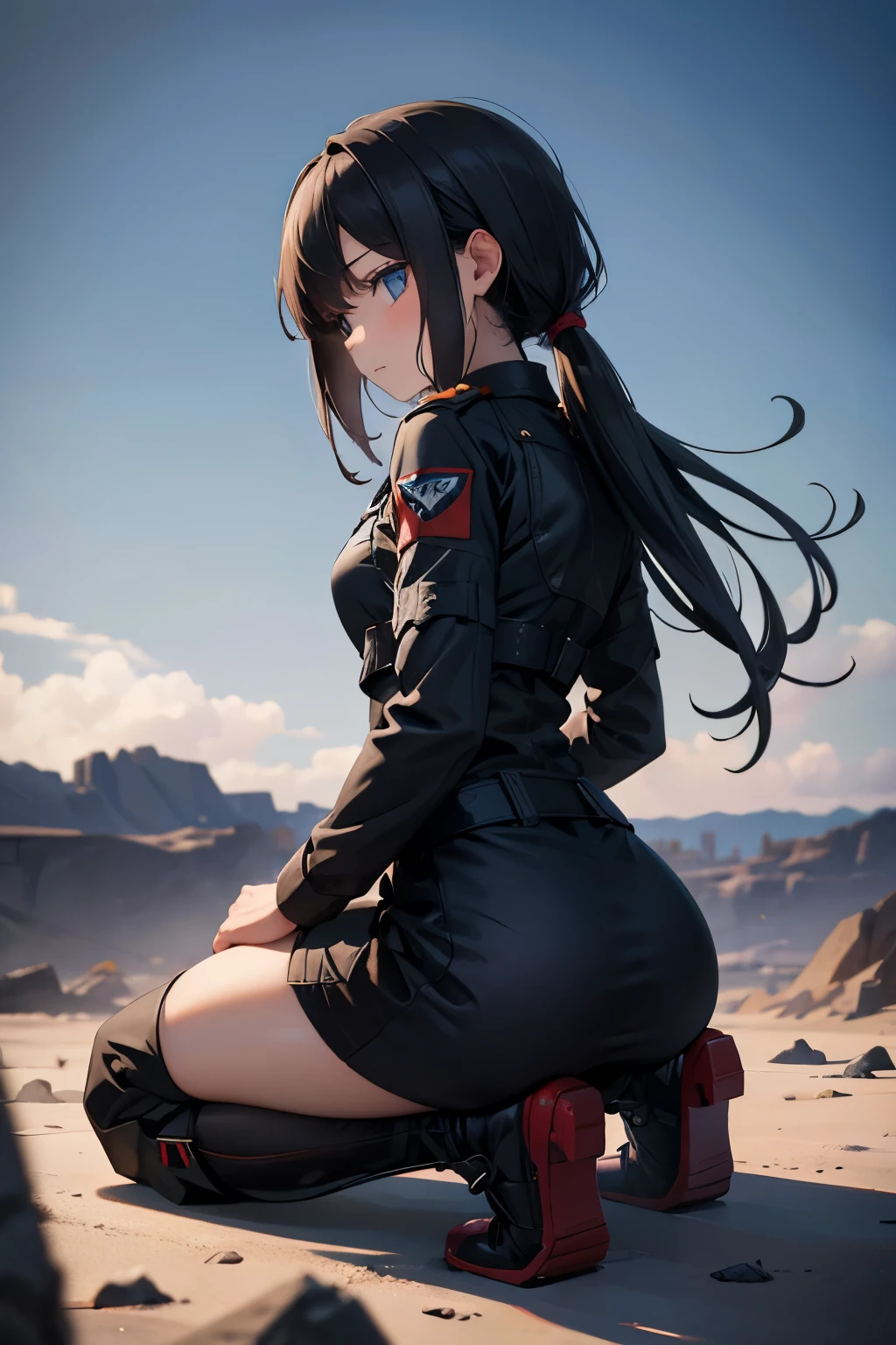 In the midst of a desolate landscape, a lone figure emerges. Dressed in the stark uniform of a soldier, a young woman crouches, her back to the world but her eyes piercing through the lens, capturing the essence of her resolve. Behind her, the remnants of conflict loom, yet in her stance, there is a defiance, a readiness to face whatever challenges may come. What thoughts consume her as she meets the camera's gaze? Explore the depths of her determination, the burdens she carries, and the strength that sustains her amidst the chaos of war.