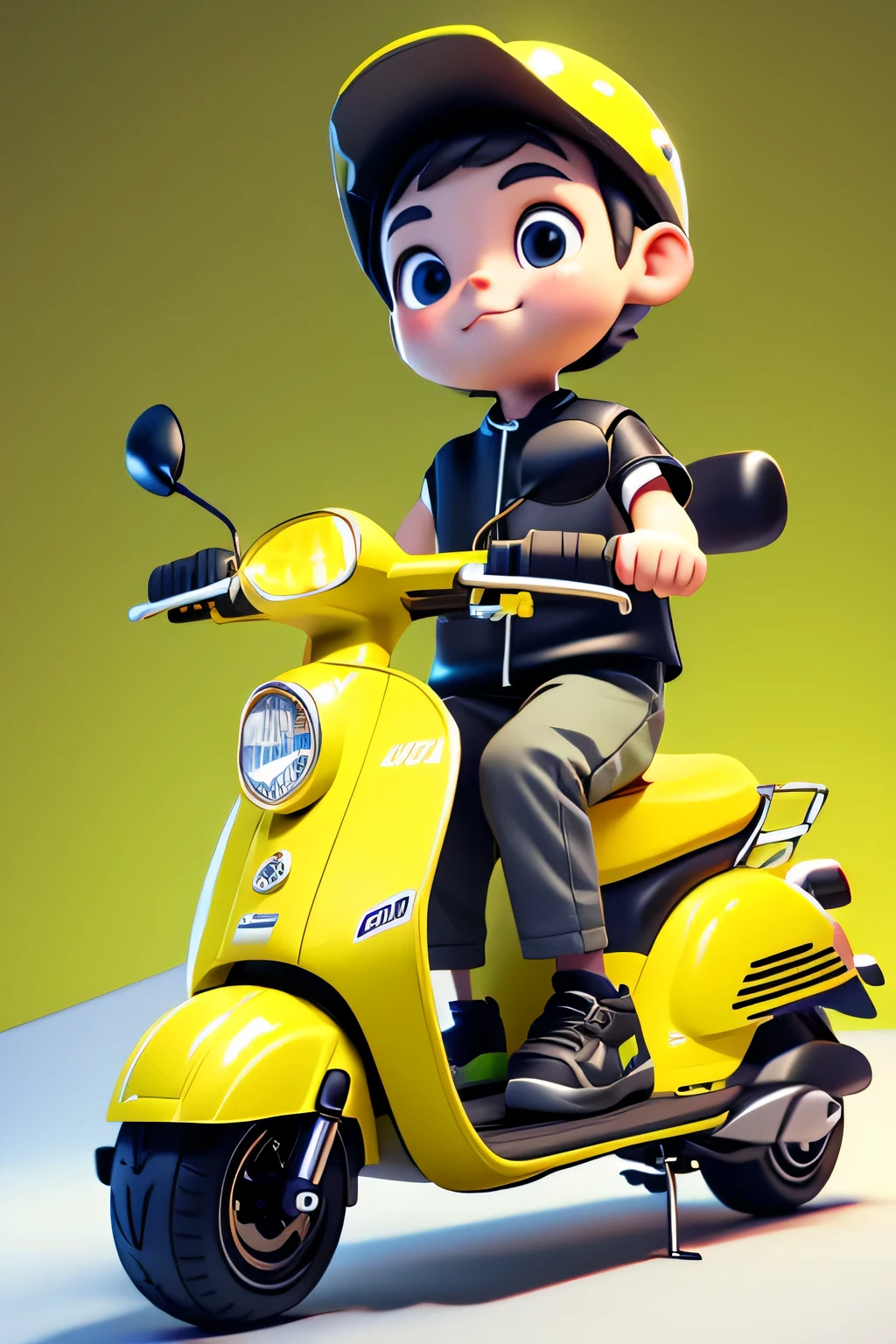 Short clothed delivery man riding electric scooter,Lovely,3D,yellow background