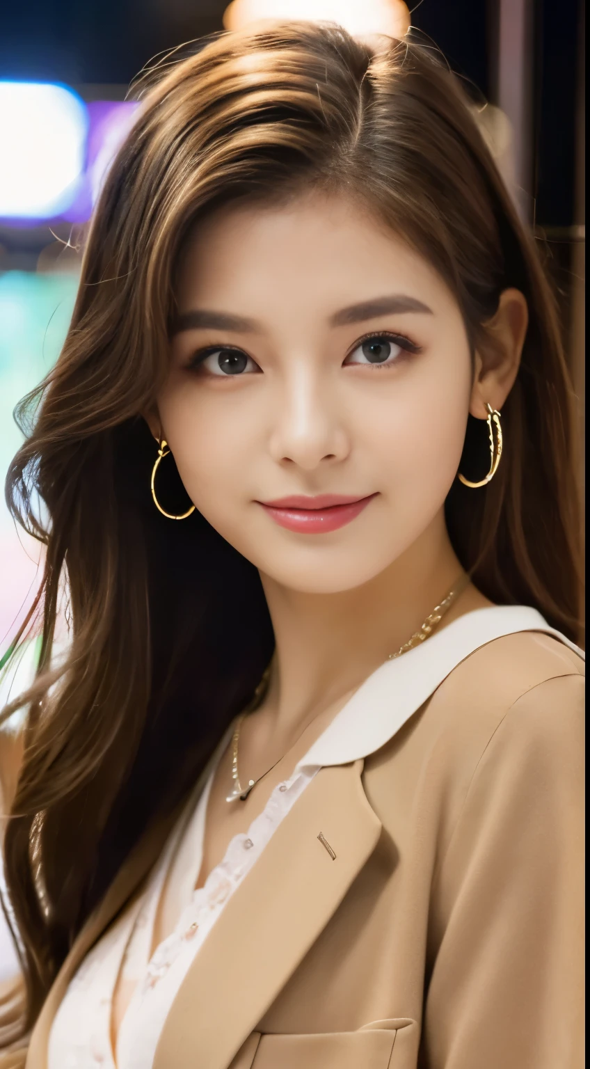 (((32K,very high res, high detailing, highly accurate,Masterpiece Girl 1))),Raw photo & realistic atmosphere,beautiful dark blue eyes,Detailed mouth,Glossy lips,Detailed eyebrows,Soft white skin that shines with every detail,,Eyes drawn in detail、Very beautiful eyes with azure eyes,Detailed lips、Very beautiful face,Very well-formed face、Lifelike face,shiny beautiful lips,Beautiful eyebrows,Infinite reality,Best design,（Insanely cute sober Japan -yeld giToned body,thighs thighs thighs thighs,Slender legs,Beautifully shaped breasts,Very cute beautiful girl,：1.5）,Best Natural Makeup,Japanese ido,Korean Idols,Young sensual idol,Moist eyes,Dark beautiful eyes,Beautiful butt,beauty legs,,camel's foot,：1.3),超A high resolution、,Natural and realistic face,Back lighting,Pure eyes are too cute,(((photorealisim,Photograph the whole body))),,Reality Live Action,（Earrings that look fashionable,,a necklace,A bracelet,gyuru,Glossy nail art,Clothes like a girl,,Girlish clothes,,Dress up elegantly and cutely,Tailored jacket,Routh Ruffled Beauty Draped Skirt,Beautiful fashionable fashion with little exposure,Light brown perm medium hair,独奏, Kool,,Smile faintly,full body Esbian：1.7）,Night in Shinjuku（Turned：1.5）