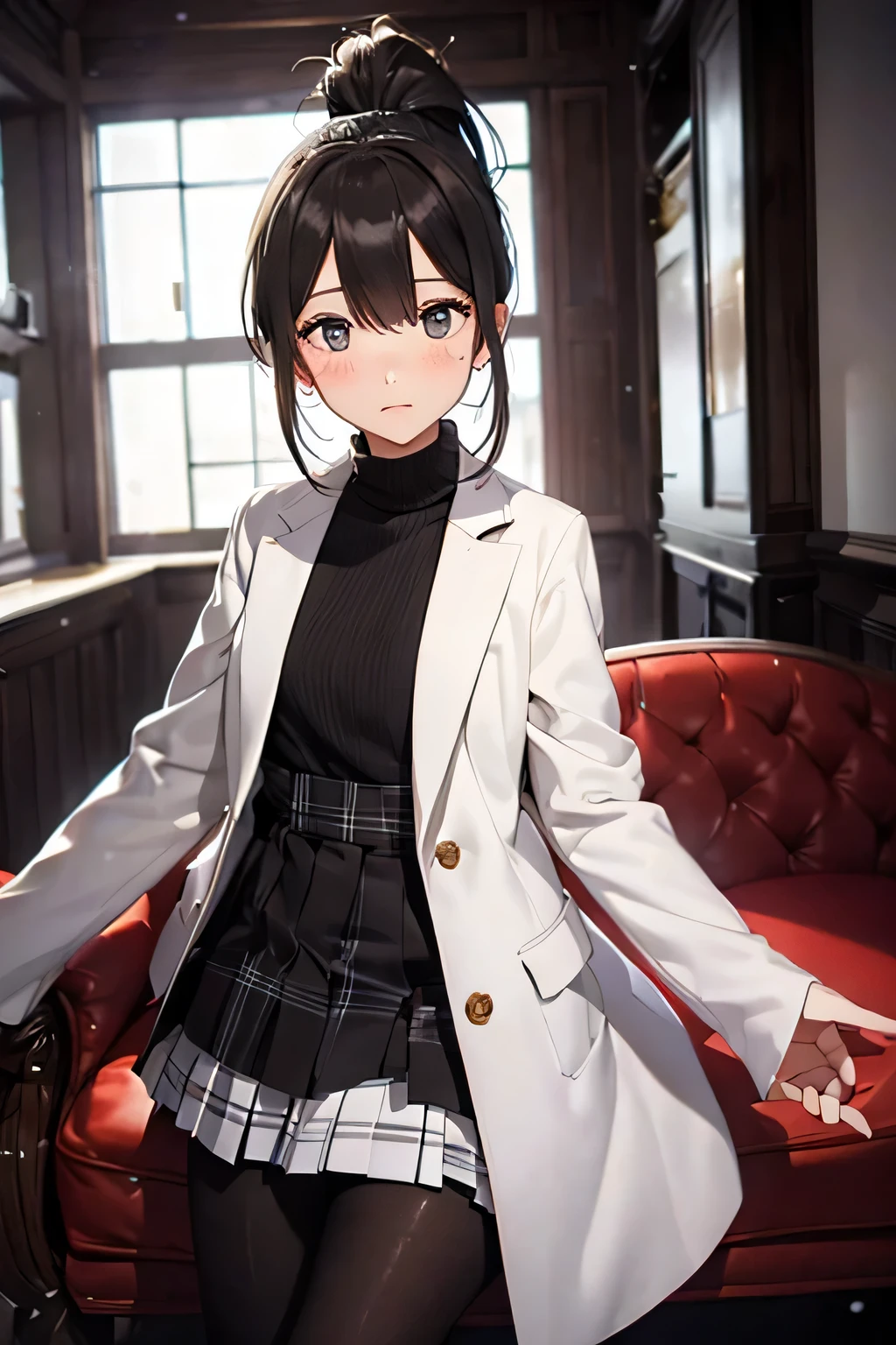 1girl, ((girl)) 、1 person、small face,20-year-old、 (tears) 、cry、white coat、white sweater、((plaid pleated skirt)) 、((black pantyhose:1.5)) 、Brown snow boots, (princess cut), (bob cut)、(medium hair)、(ponytail:1.5) 、brown hair 、sad expression、 ((no background:1.5))