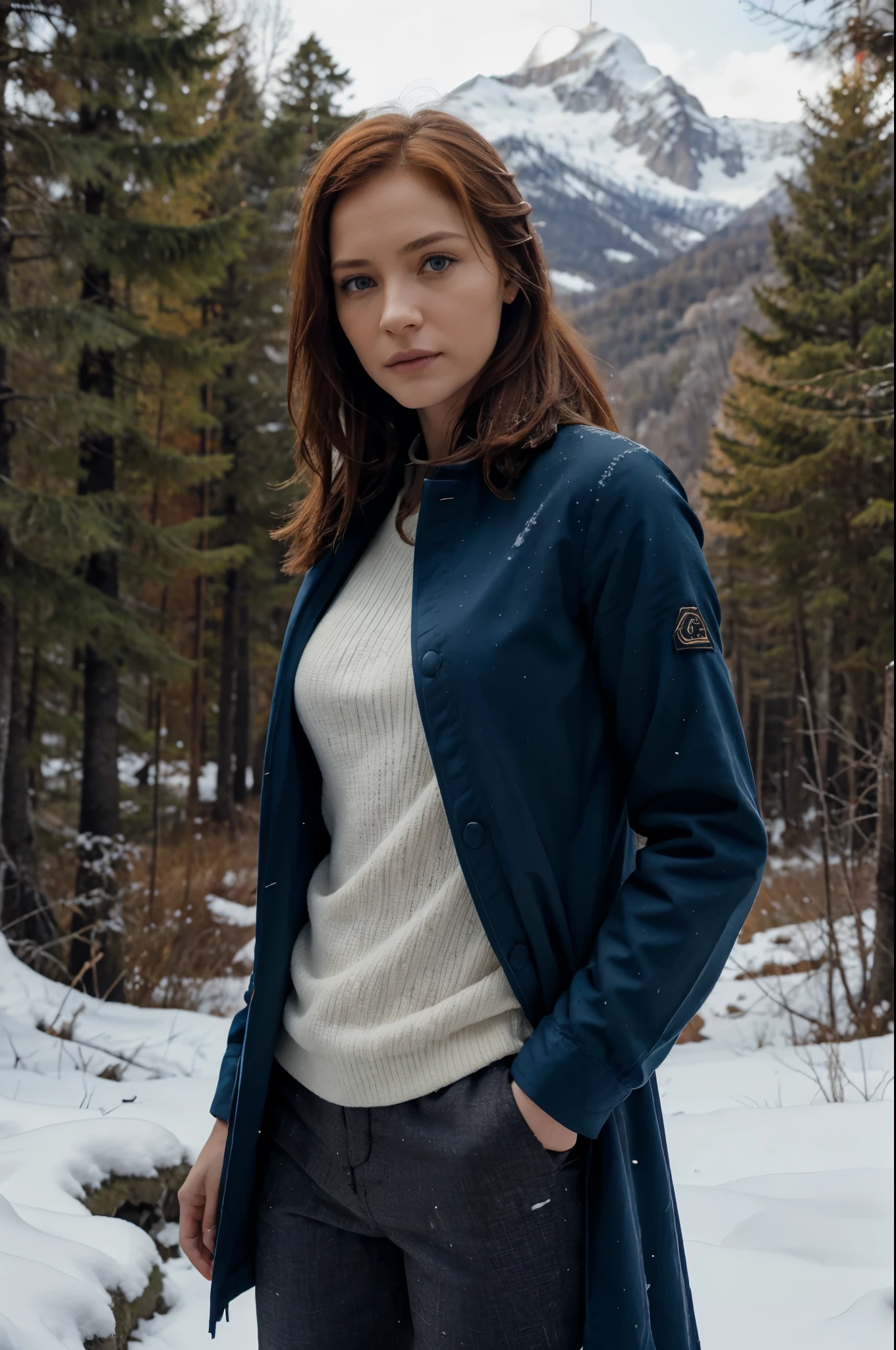 cinematic scene, eye level shot, female, 28 years old, rousse, yeux bleus, pantalon marron, manteau fourrure blanc, neige, soleil, montagne, forêt, pont, rivière, closeness, sympathy, authenticity, engagement, inner lives, and motivations.