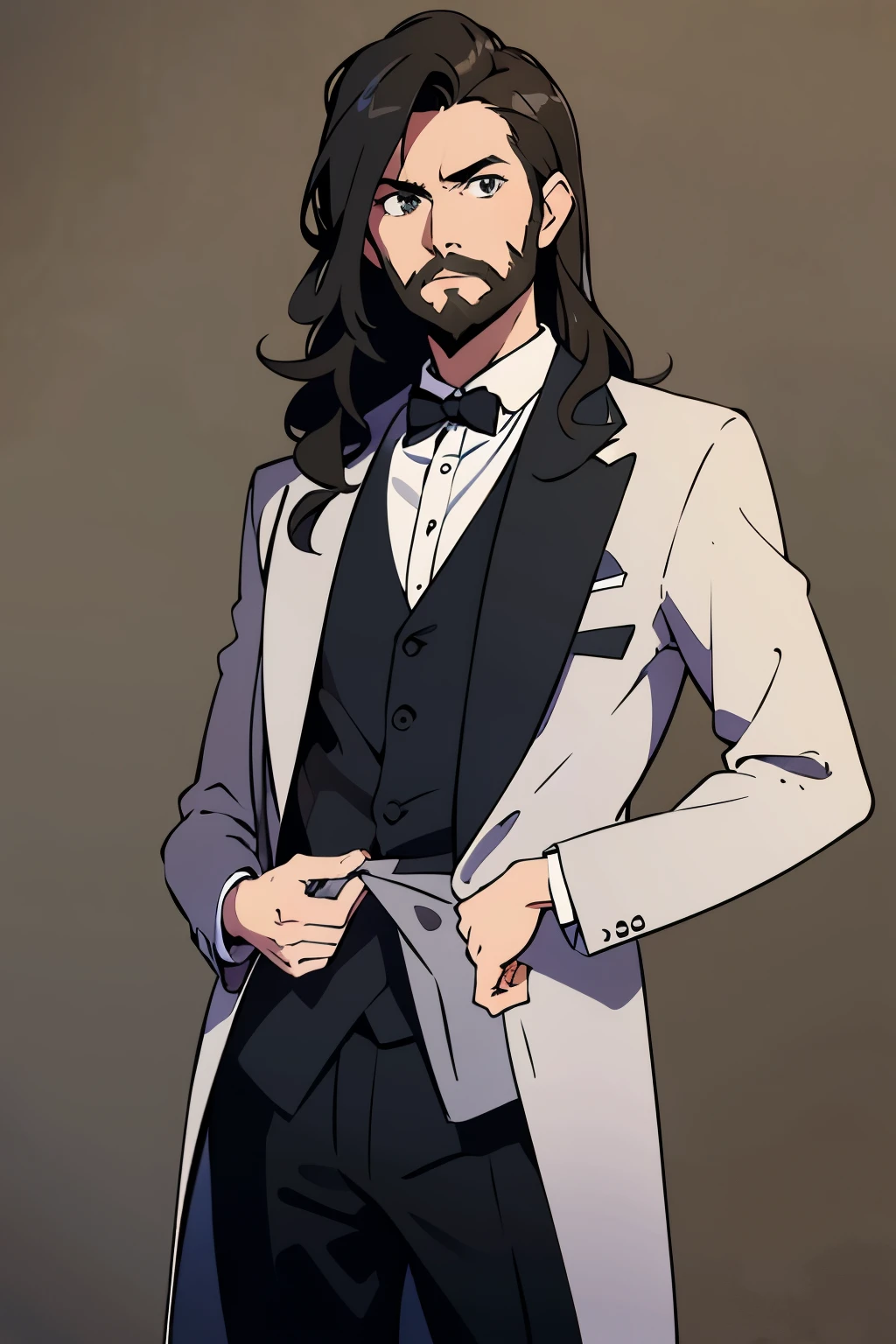 1man, David Tennant with long wavy black hair and full beard, gray eyes. Elegant black clothes. Simple man background