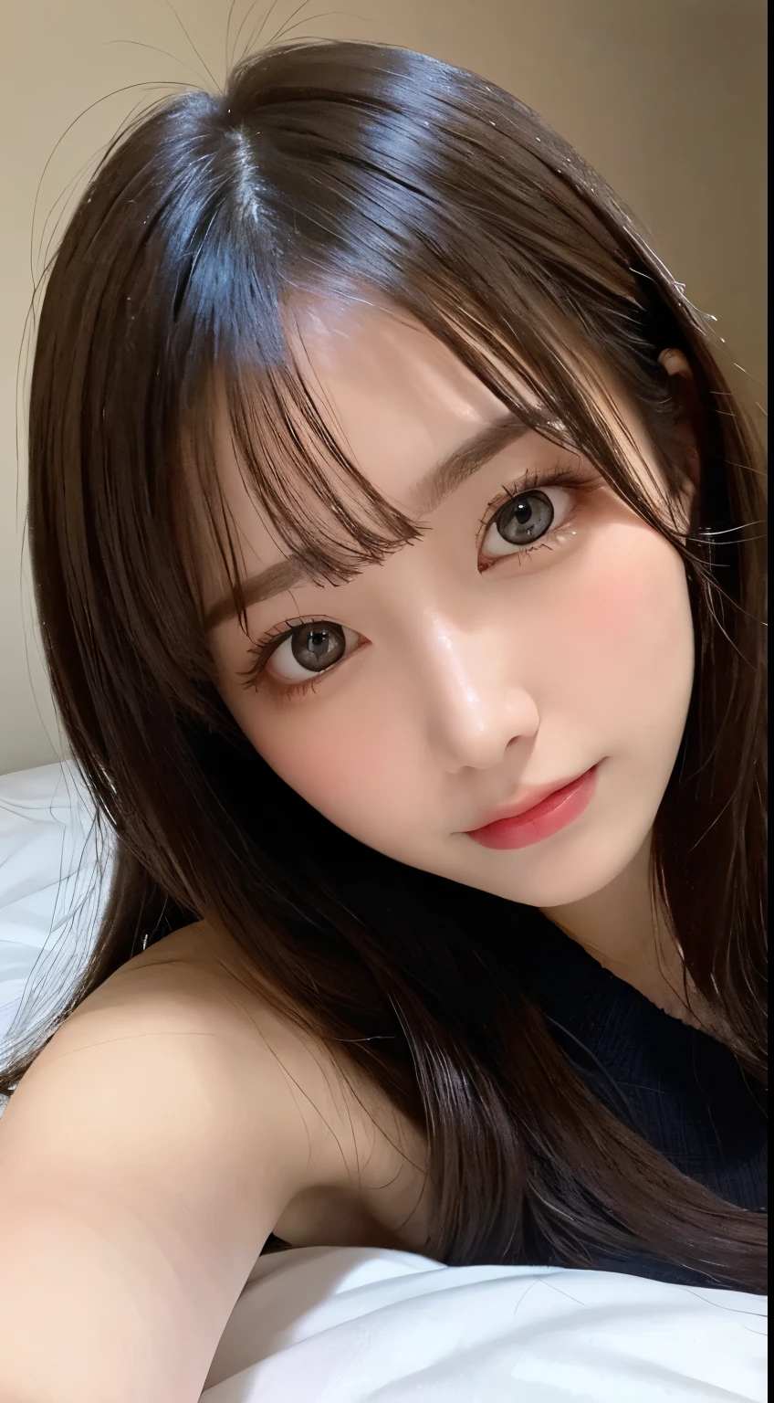 table top, highest quality, shape, Super detailed, finely, High resolution, 8k wallpaper, 完璧なダイナミックな構shape, beautiful and detailed eyes, Tokyo trend knit dress, small breasts, natural color lip,gentle smile,20 year old girl、beautiful and detailed face、perfect and beautiful face,Big eyes、beautiful detailed face、perfect and beautiful double eyelids、blur the background、perfect and beautiful face、Feminine poses、blur background、slim face and style、blur background、straight hair、Wear a luxurious mink coat、Bedroom(navy sheets)、lying in bed