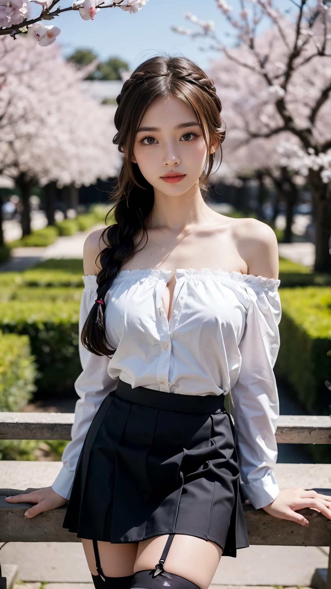 Masterpiece, Best Quality, Very Detailed, 8k, Photorealistic, soft focus, beautiful detailed eyes, detailed face, double eyelid, 1girl, solo, beautiful skin, real human skin, close-up shot, Full-body, beautiful firm breasts, beautiful cleavage,mature body, 18 years old girl, beautiful girl, Japanese idol, (french braid:1.3), brown hair, BREAK, (White Off-shoulder Western shirt:1.3), BREAK, (Garter Skirt:1.3), BREAK, (shiny mesh stockings), Gentle smile, Surrounded by plum blossoms in a plum garden in a Japanese garden, standing position, model pose, NSFW, fold your arms in front of your chest