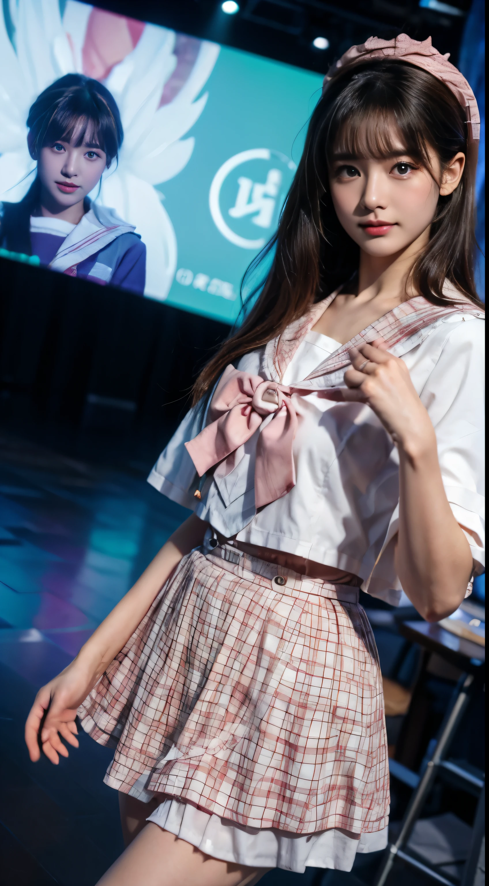 (highest quality,4K,High resolution),Top idol beautiful girl、A peerless beautiful girl、historical beautiful girl、fine texture、Moisturizing the skin、perfect style、erotic body、sailor suit、下着が透けて見えるsailor suitの衣装を着て、(dance violently:1.3)、On stage with a luxurious set、in front of a packed audience、look at the audience、18-year-old、Accurate depiction of fingers、