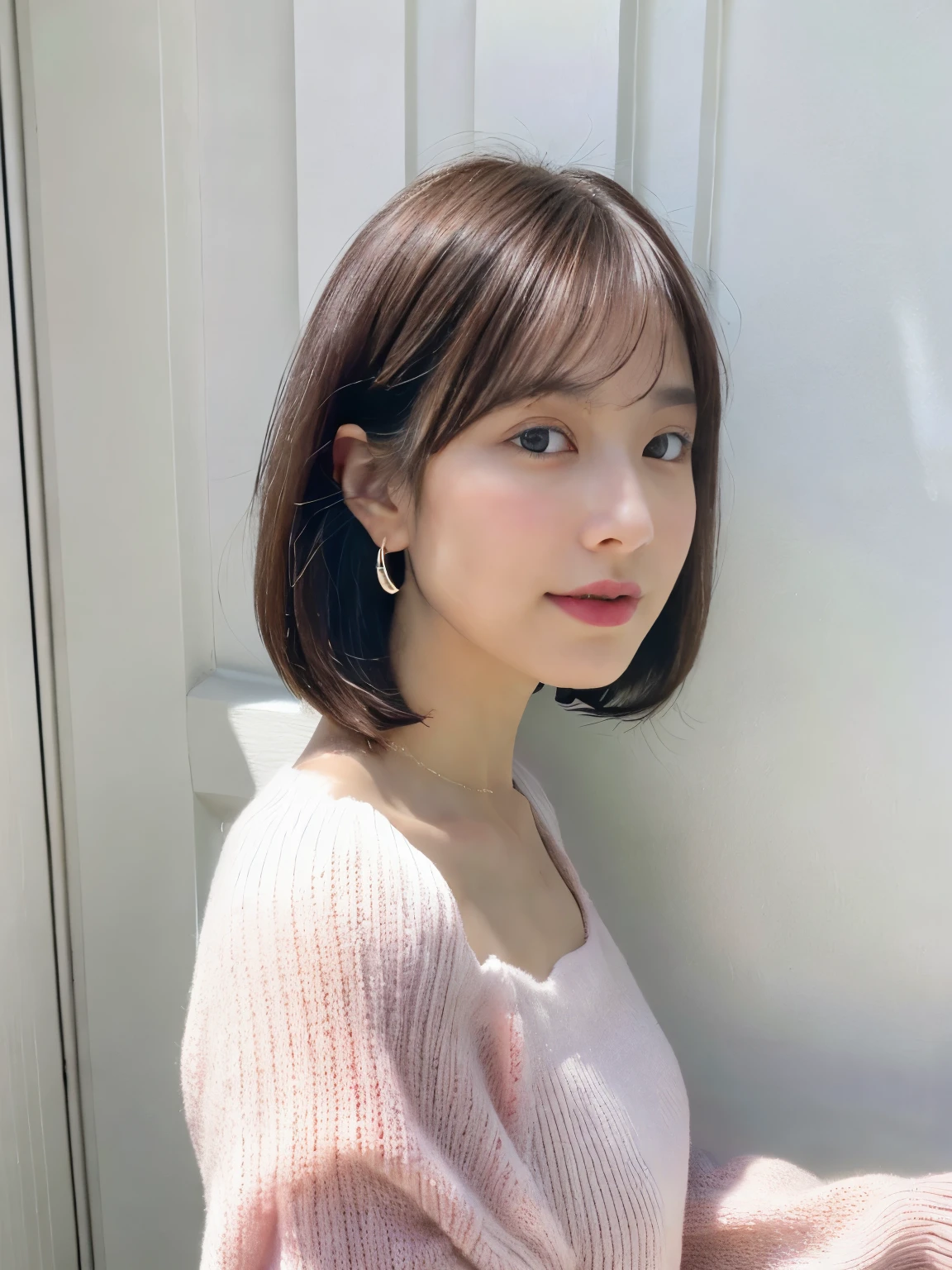 (8K、RAW photo、highest quality、masterpiece:1.2)、High-definition RAW color photo、professional photos、(realistic、photo realistic:1.37)、cinematic light、1 girl、laughter、white wall、Taken in front of the white door、((窓のあるwhite wallの部屋))、Versatile poses、Winter clothes、simple necklace、(Beautiful profile:1.3)、Don't look at the camera、profile、bob、bobヘア、bob cuts、((light dull pink and dark hair color))、ロングbob、profile、normal detailed eyes、dark brown eyes、earrings、(white long sleeve blouse)