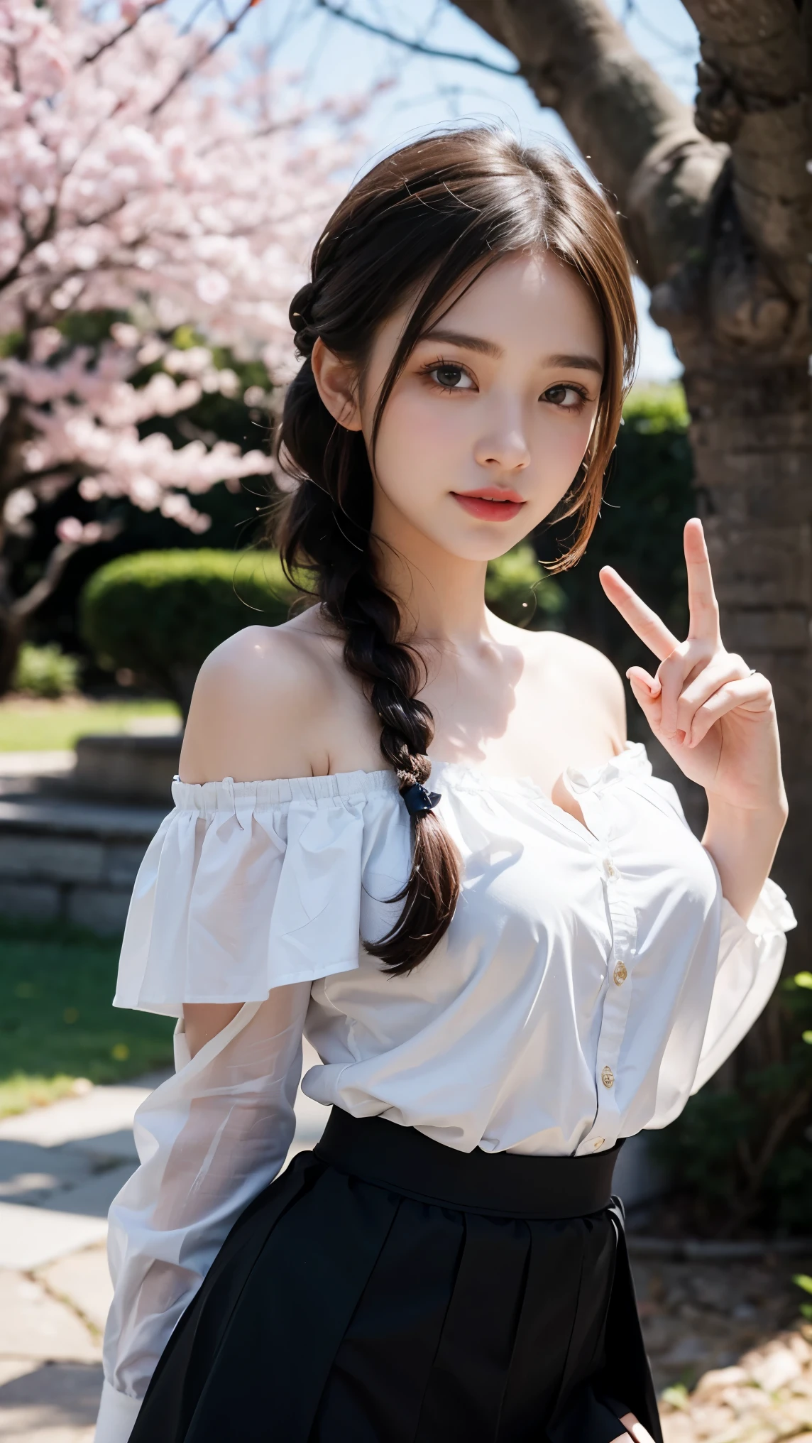 Masterpiece, Best Quality, Very Detailed, 8k, Photorealistic, soft focus, beautiful detailed eyes, detailed face, double eyelid, 1girl, solo, beautiful skin, real human skin, close-up shot, Half-body, beautiful firm breasts, beautiful cleavage,mature body, 18 years old girl, beautiful girl, Japanese idol, (french braid:1.3), brown hair, BREAK, (White Off-shoulder Western shirt:1.3), BREAK, (Garter Skirt:1.3), BREAK, (shiny mesh stockings), Gentle smile, Surrounded by plum blossoms in a plum garden in a Japanese garden, standing position, model pose, NSFW, do a peace sign