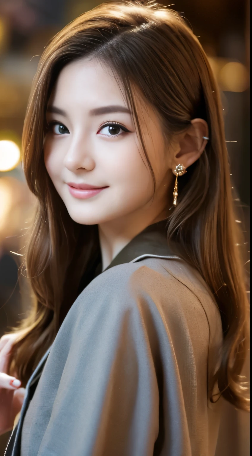 (((32K,very high res, high detailing, highly accurate,Masterpiece Girl 1))),Raw photo & realistic atmosphere,beautiful dark blue eyes,Detailed mouth,Glossy lips,Detailed eyebrows,Soft white skin that shines with every detail,,Eyes drawn in detail、Very beautiful eyes with azure eyes,Detailed lips、Very beautiful face,Very well-formed face、Lifelike face,shiny beautiful lips,Beautiful eyebrows,Infinite reality,Best design,（Insanely cute sober Japan 17-year-old girl,Toned body,thighs thighs thighs thighs,Slender legs,Beautifully shaped breasts,Very cute beautiful girl,：1.5）,Best Natural Makeup,Japanese ido,Korean Idols,Young sensual idol,Moist eyes,Dark beautiful eyes,Beautiful butt,beauty legs,,camel's foot,：1.3),超A high resolution、,Natural and realistic face,Back lighting,Pure eyes are too cute,(((photorealisim,Photograph the whole body))),,Reality Live Action,（Earrings that look fashionable,,a necklace,A bracelet,gyuru,Glossy nail art,Clothes like a girl,,Girlish clothes,,Dress up elegantly and cutely,Tailored jacket,Routh Ruffled Beauty Draped Skirt,Beautiful fashionable fashion with little exposure,Light brown perm medium hair,独奏, Kool,,Smile faintly,full body Esbian：1.7）,Night in Shinjuku（Turned：1.5）